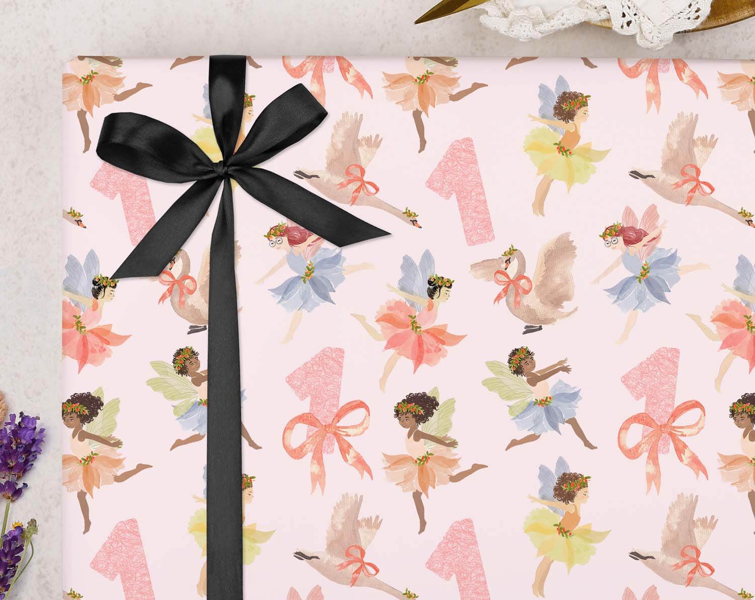 Fairy 1st Birthday Wrapping Paper featuring a pink fairy pattern and black bow, perfect for wrapping gifts.