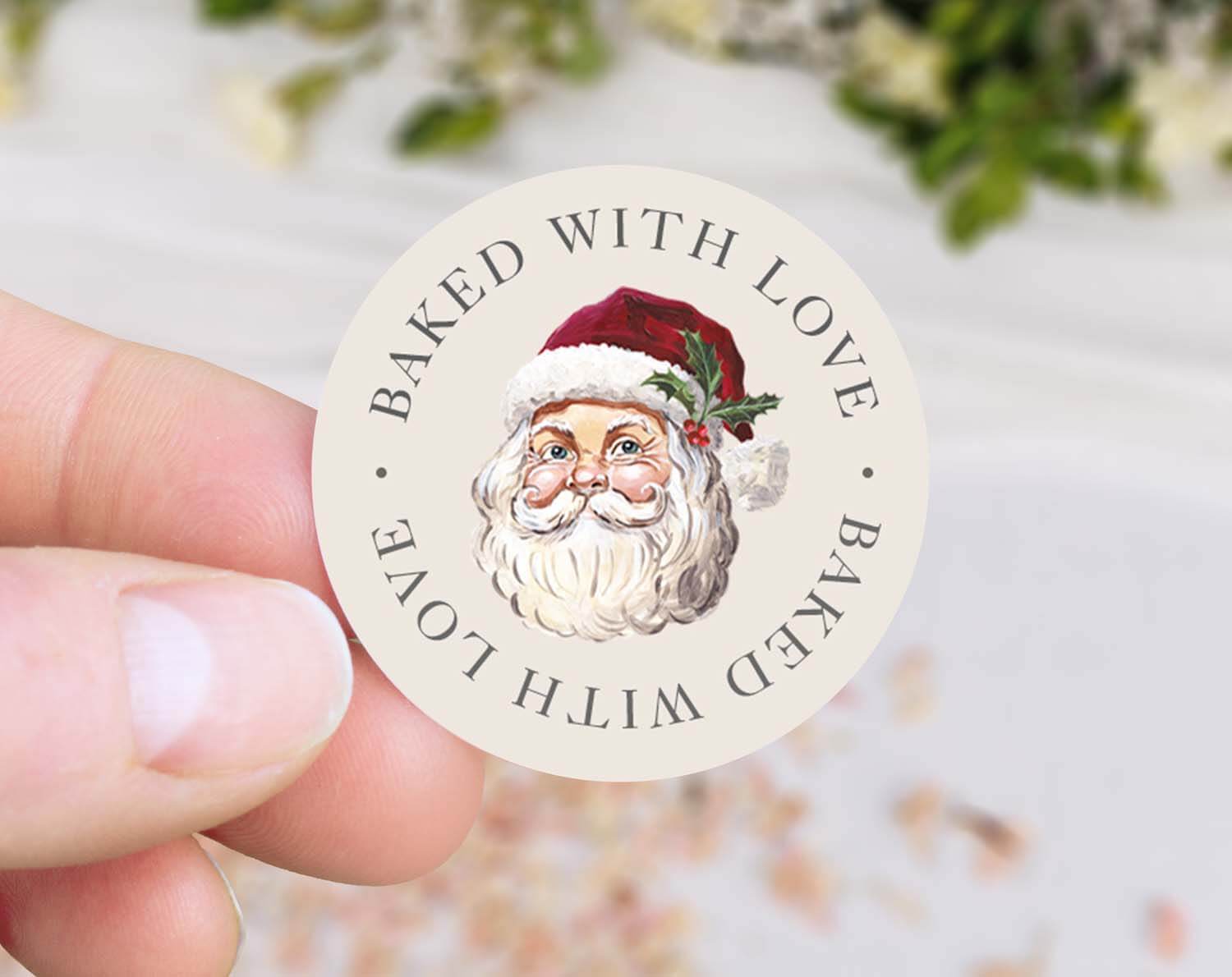 Father Christmas Baked With Love Stickers featuring a hand-painted illustration of Father Christmas with festive text.