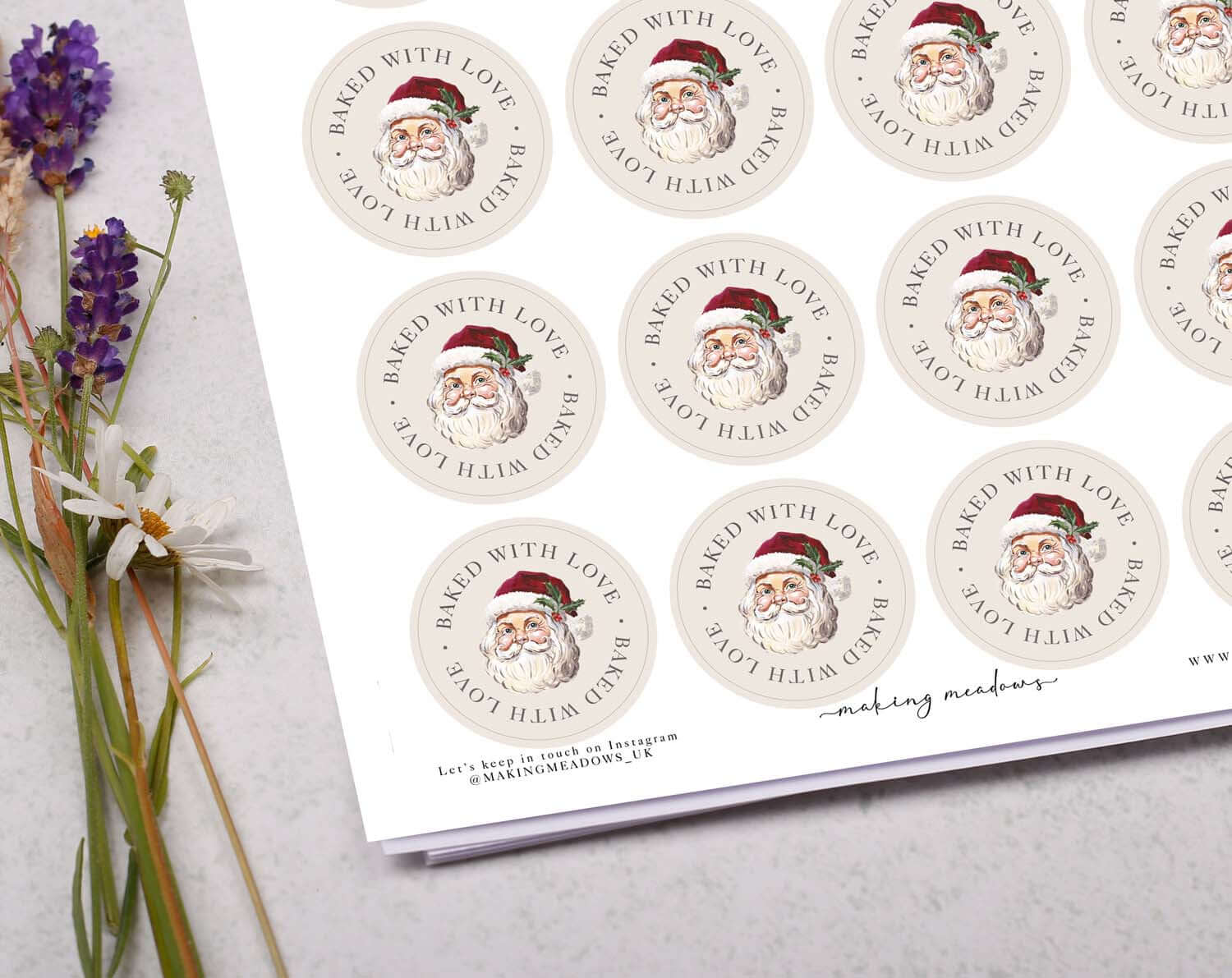 Father Christmas Baked With Love Stickers featuring hand-painted illustration on round labels for festive gifting.