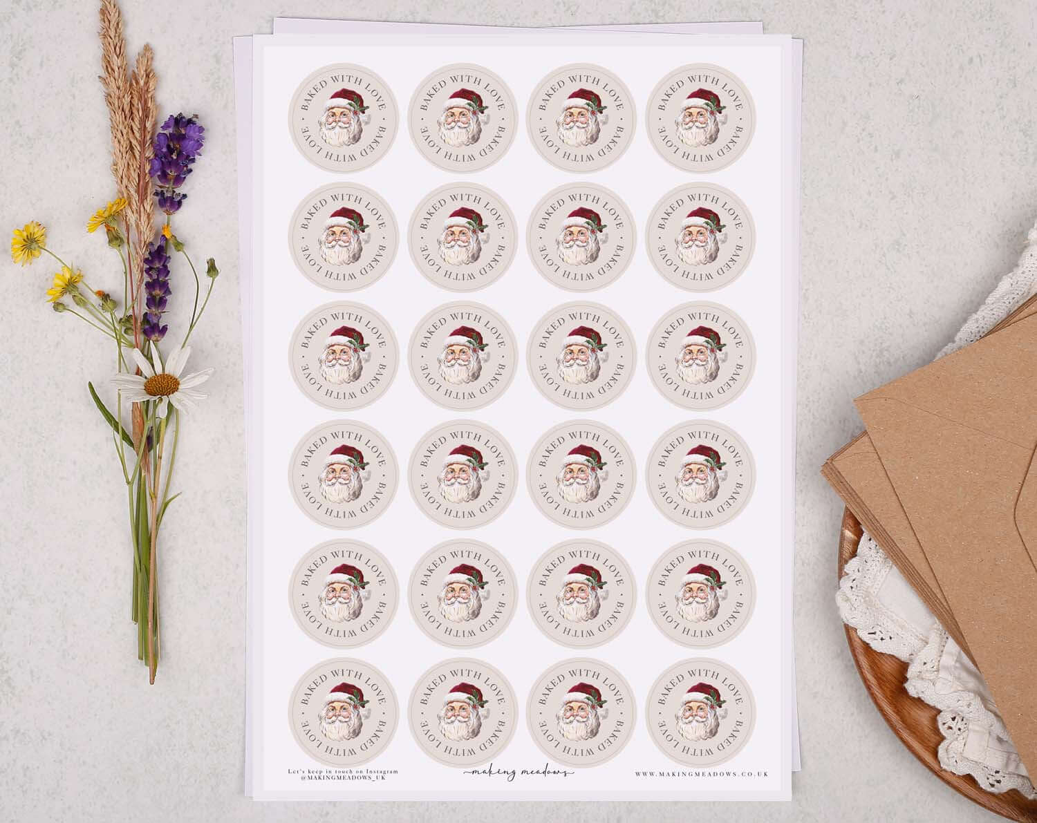 Father Christmas Baked With Love Stickers on a sheet, featuring a hand-painted design perfect for festive treats.