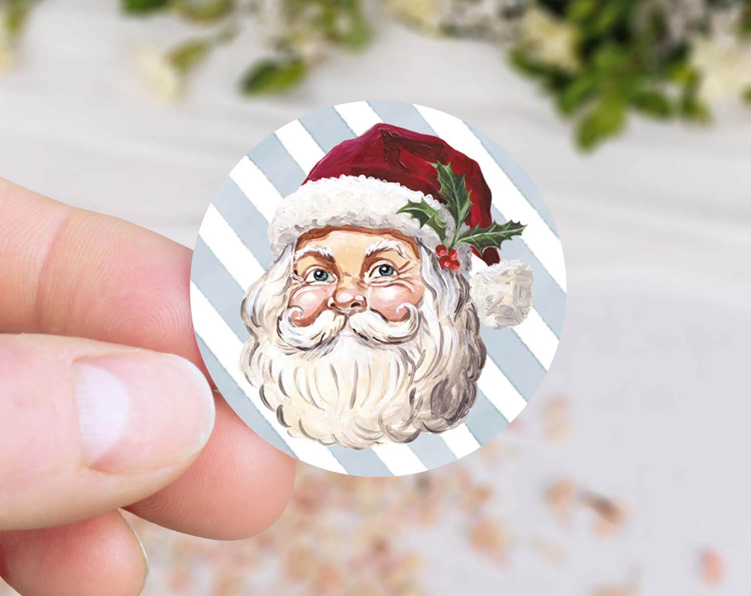 Father Christmas Stickers featuring a hand-painted Santa face with soft candy stripes.