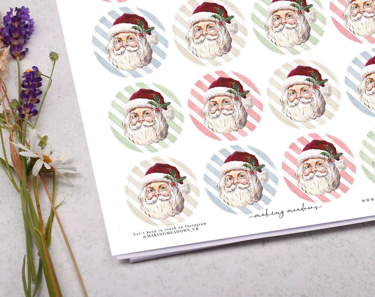 Father Christmas Stickers sheet featuring hand-painted Santa faces on candy stripe backgrounds.