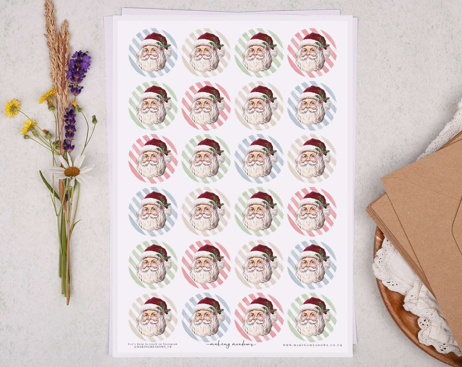 Father Christmas Stickers sheet featuring hand-painted Santa faces on candy stripe backgrounds.