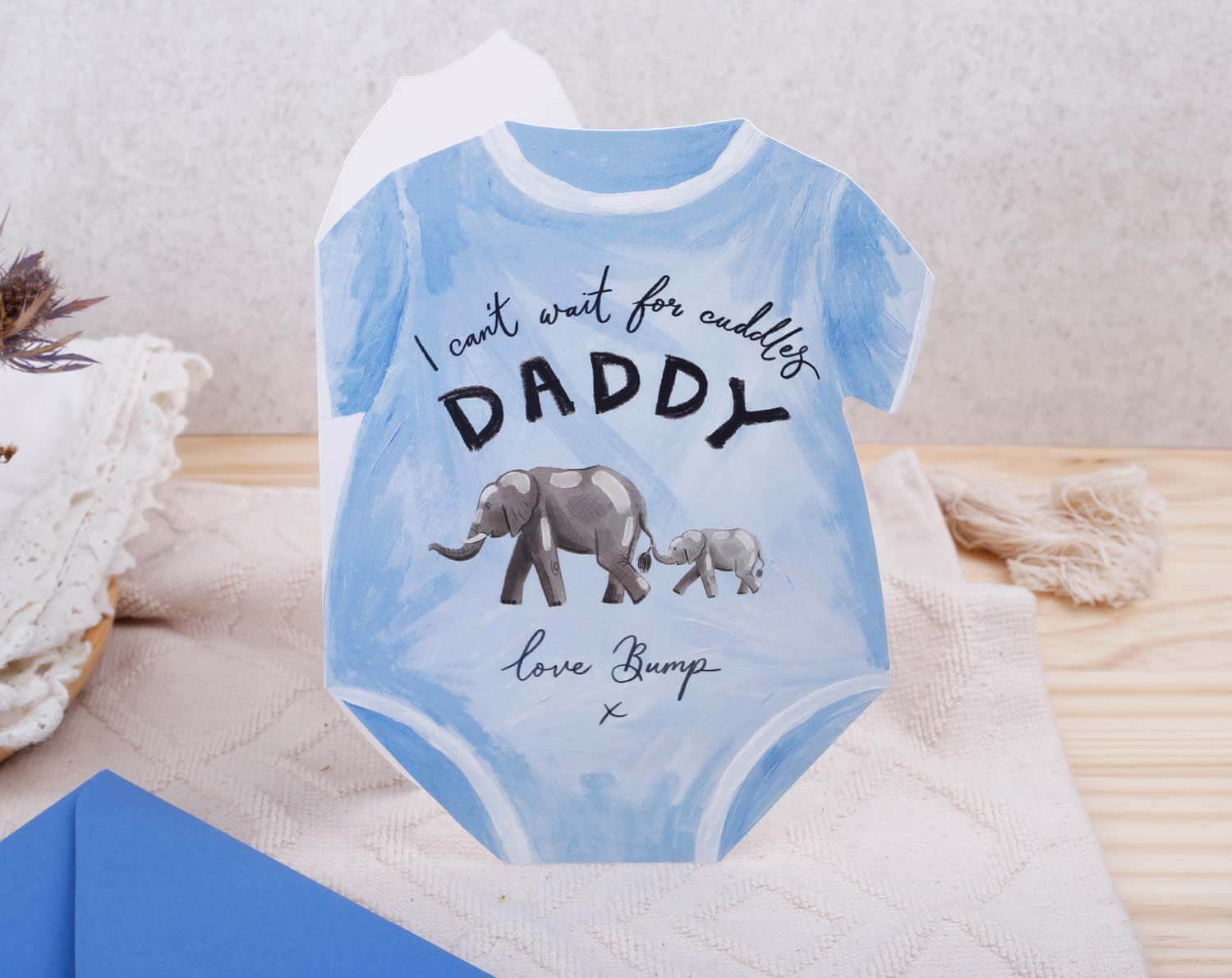 Father's Day From Bump Card featuring a blue baby grow design with elephants and heartfelt message.