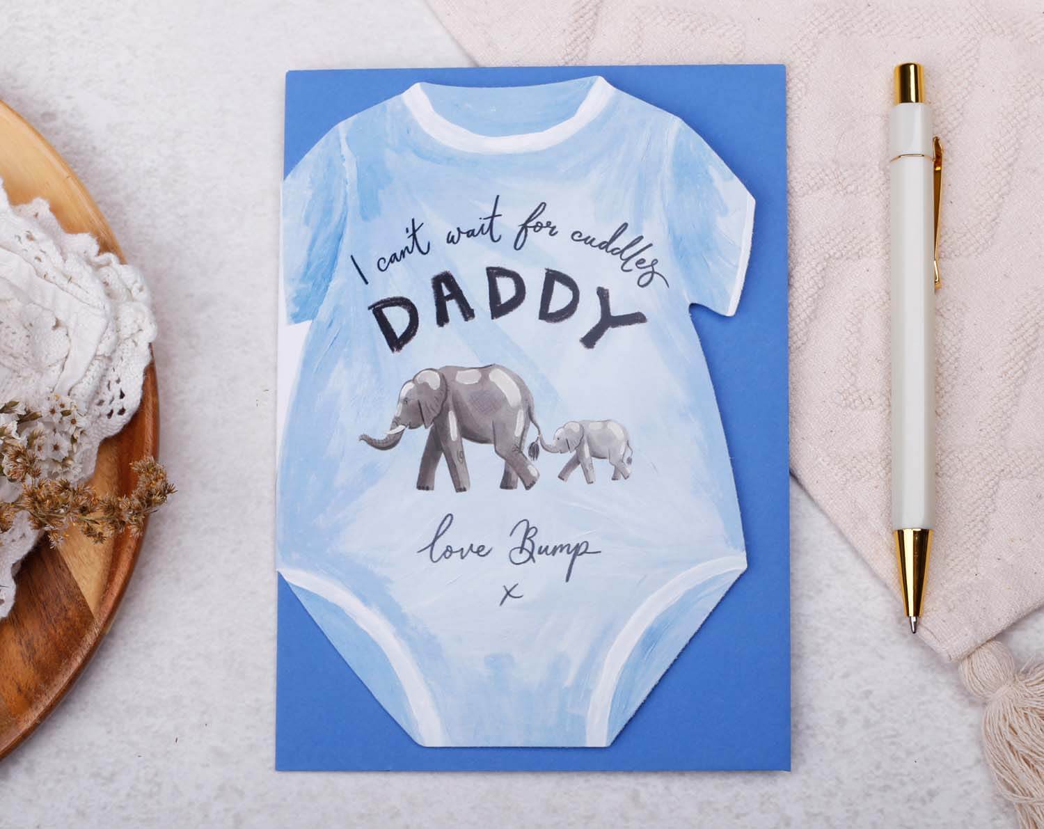 Father's Day From Bump Card featuring blue baby grow design with elephants and heartfelt message.