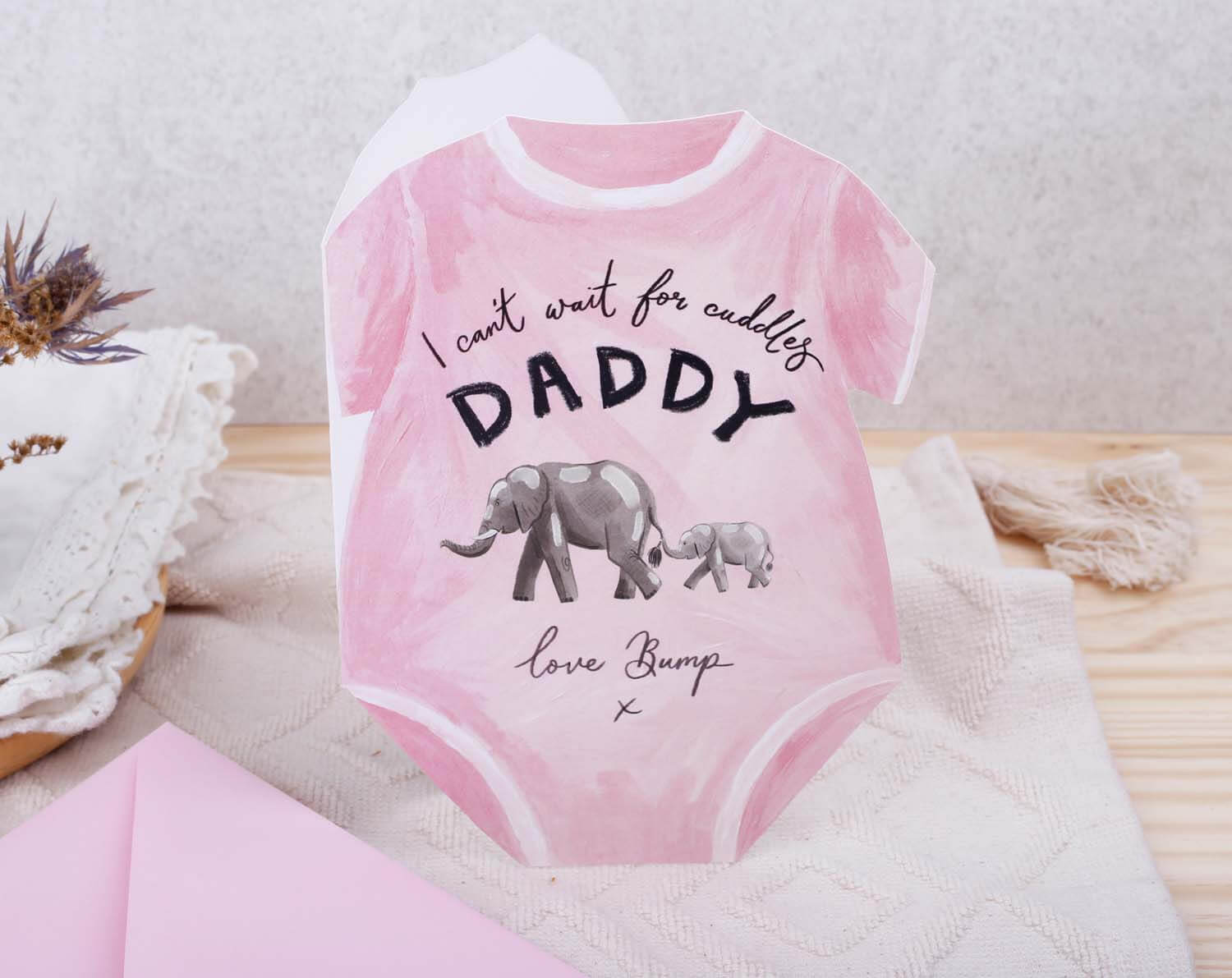 Father's Day From Bump Card featuring a pink baby grow card with elephants and 'Daddy' text.