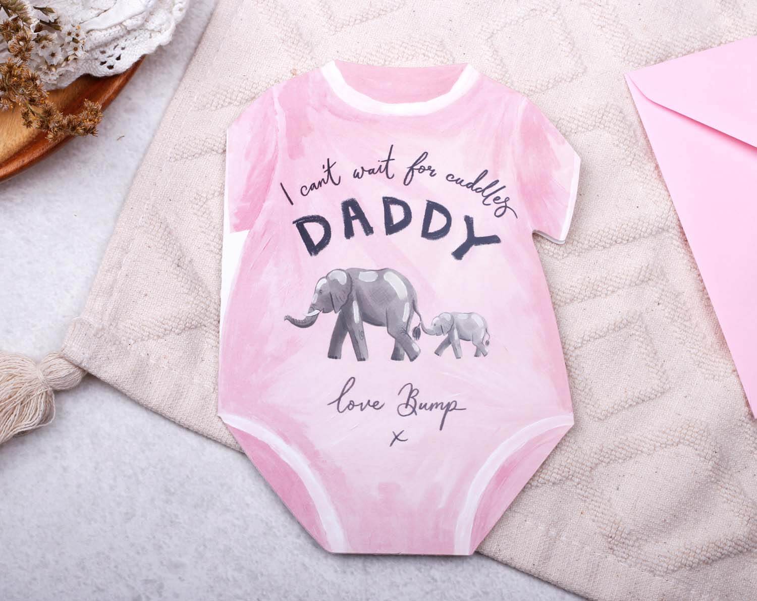 Father's Day From Bump Card in the shape of a baby grow card with elephant design for dads.