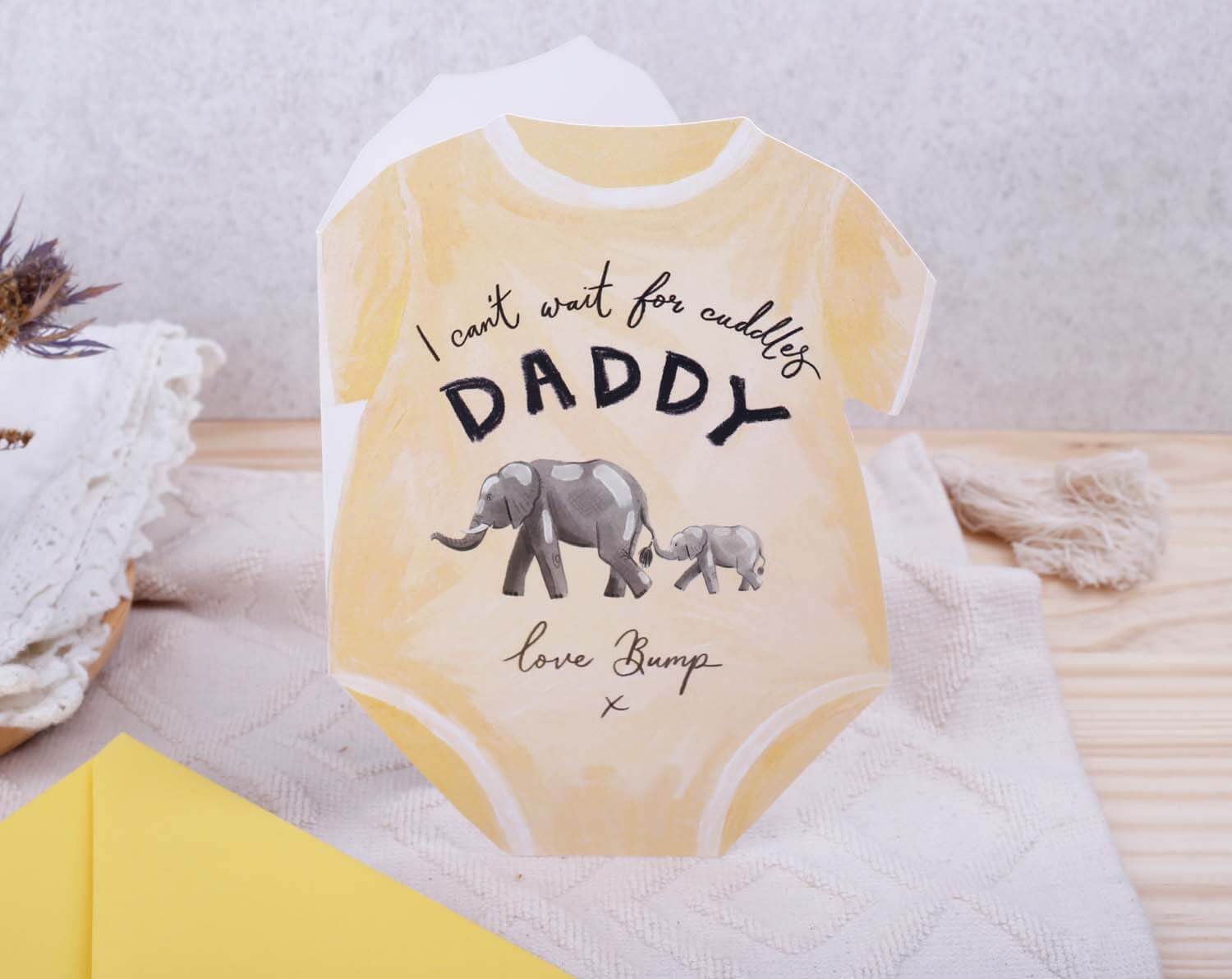Father's Day From Bump Card featuring a yellow baby grow card with elephants and heartfelt message for daddy.