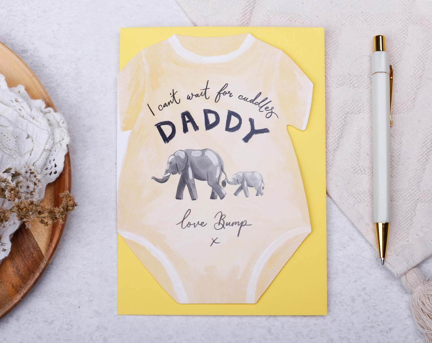 Father's Day From Bump Card featuring a yellow baby grow design with elephants and heartfelt message.