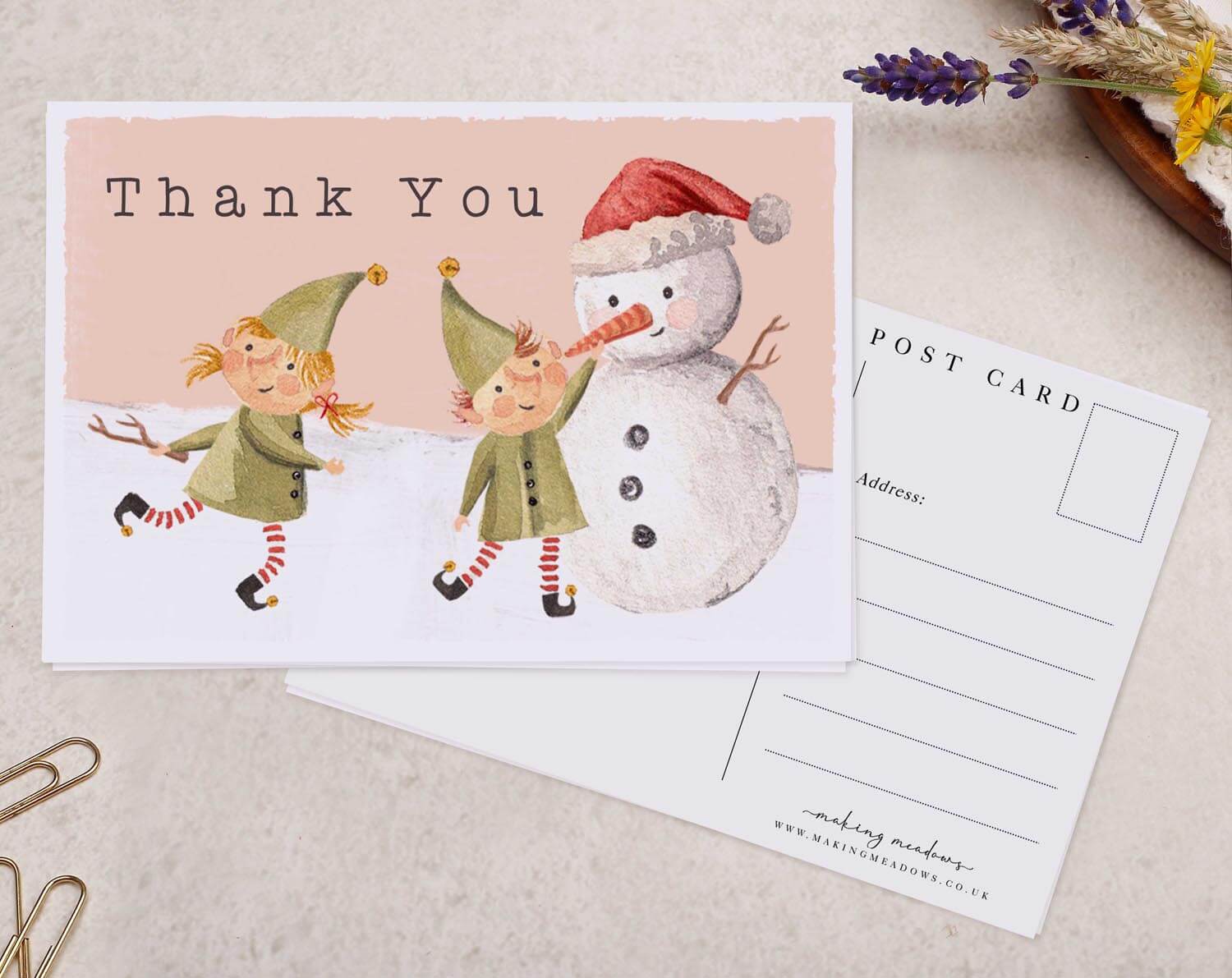 Festive Elf & Snowman Thank You Postcard. Post Cards designed by Making Meadows