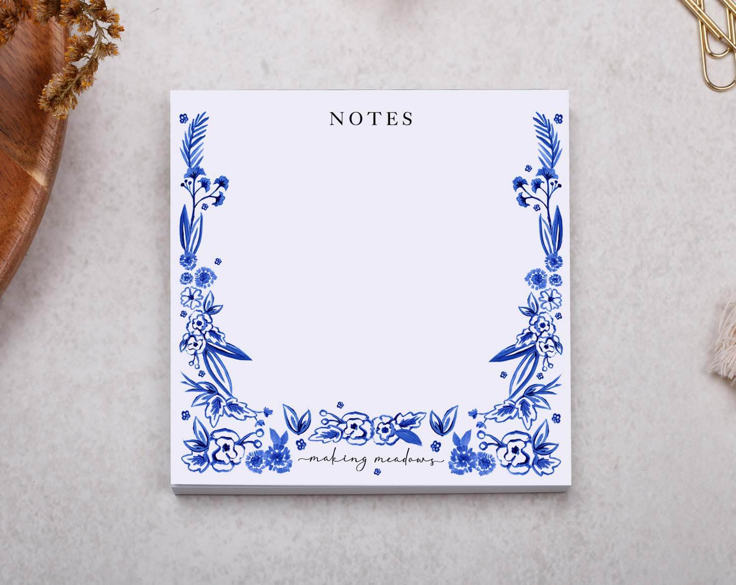 Floral Memo Pad Block - Small Notepad with blue floral design and 50 pages for notes and reminders.