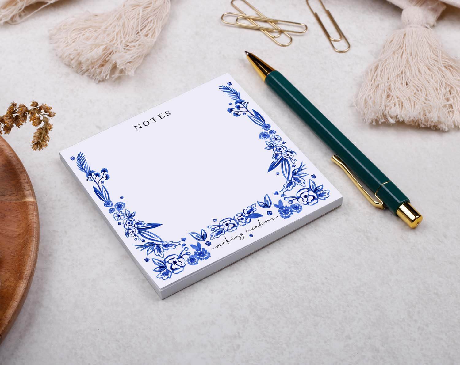 Floral Memo Pad Block with blue floral design, 50 pages, perfect for notes and reminders.