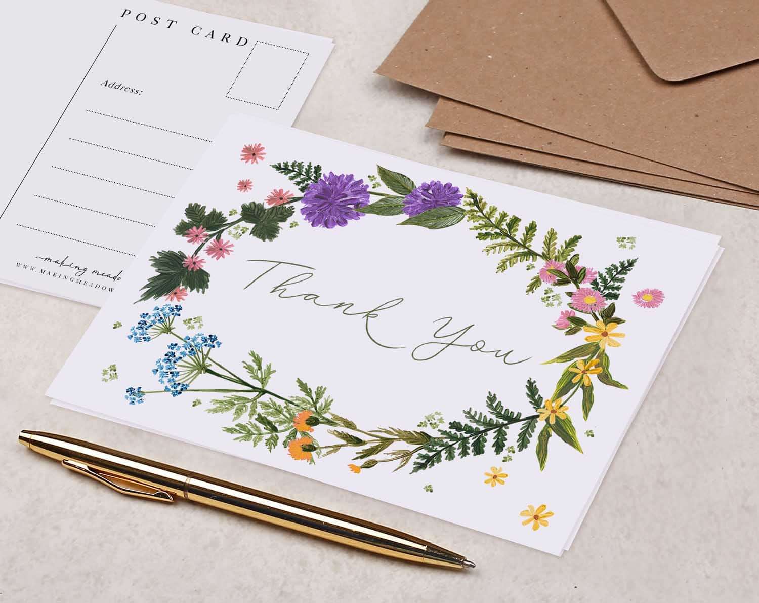 Floral Wreath Thank You Postcard. Post Cards designed by Making Meadows