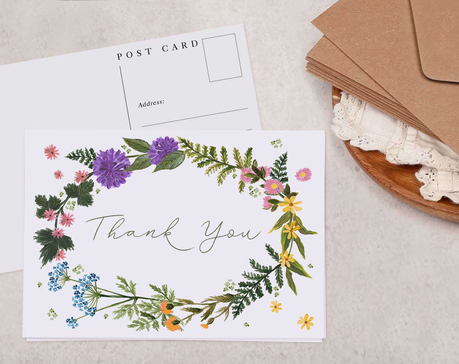 Floral Wreath Thank You Postcard. Post Cards designed by Making Meadows