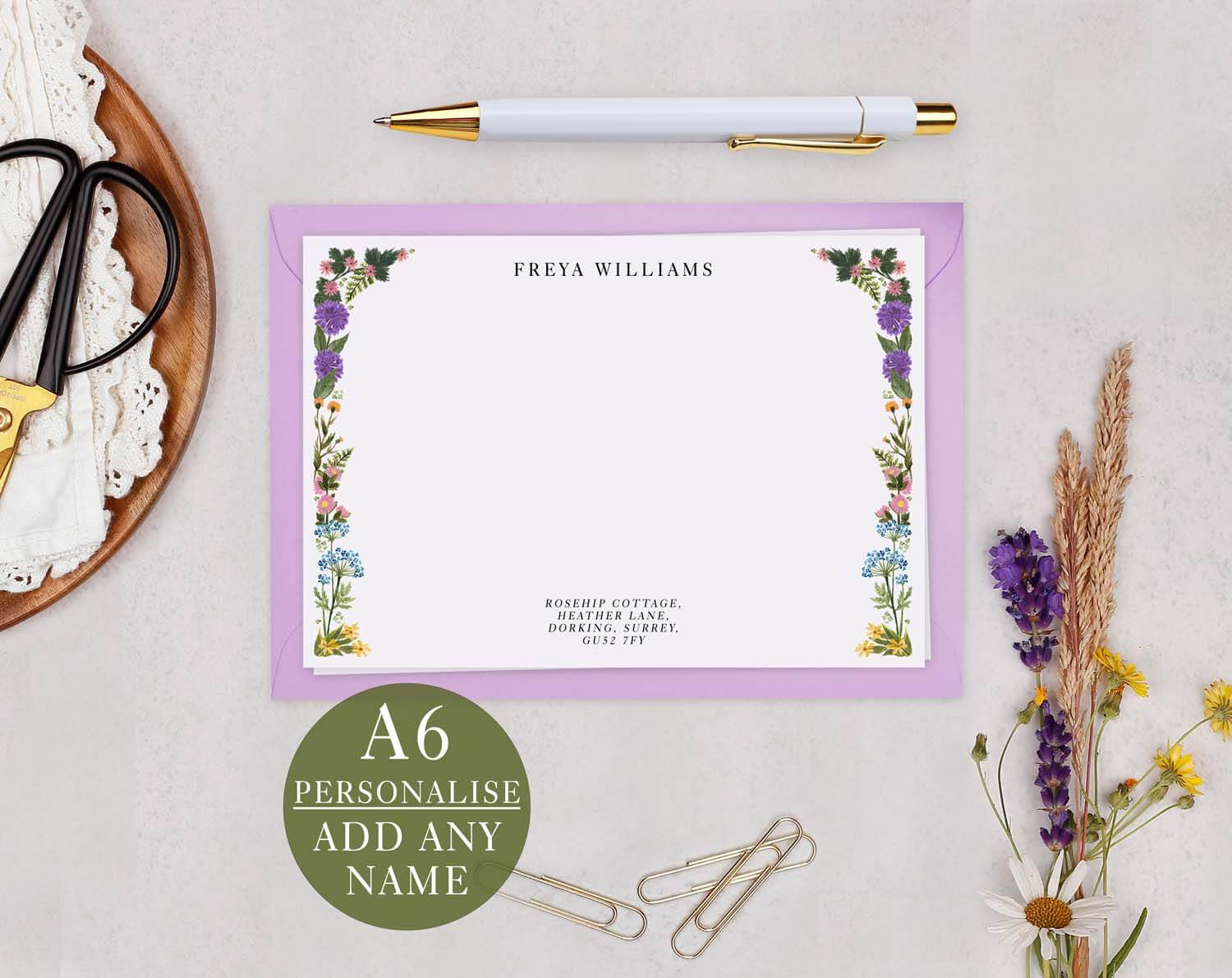 Flowers Personalised Note Cards featuring customizable floral designs and elegant stationery for personal messages.
