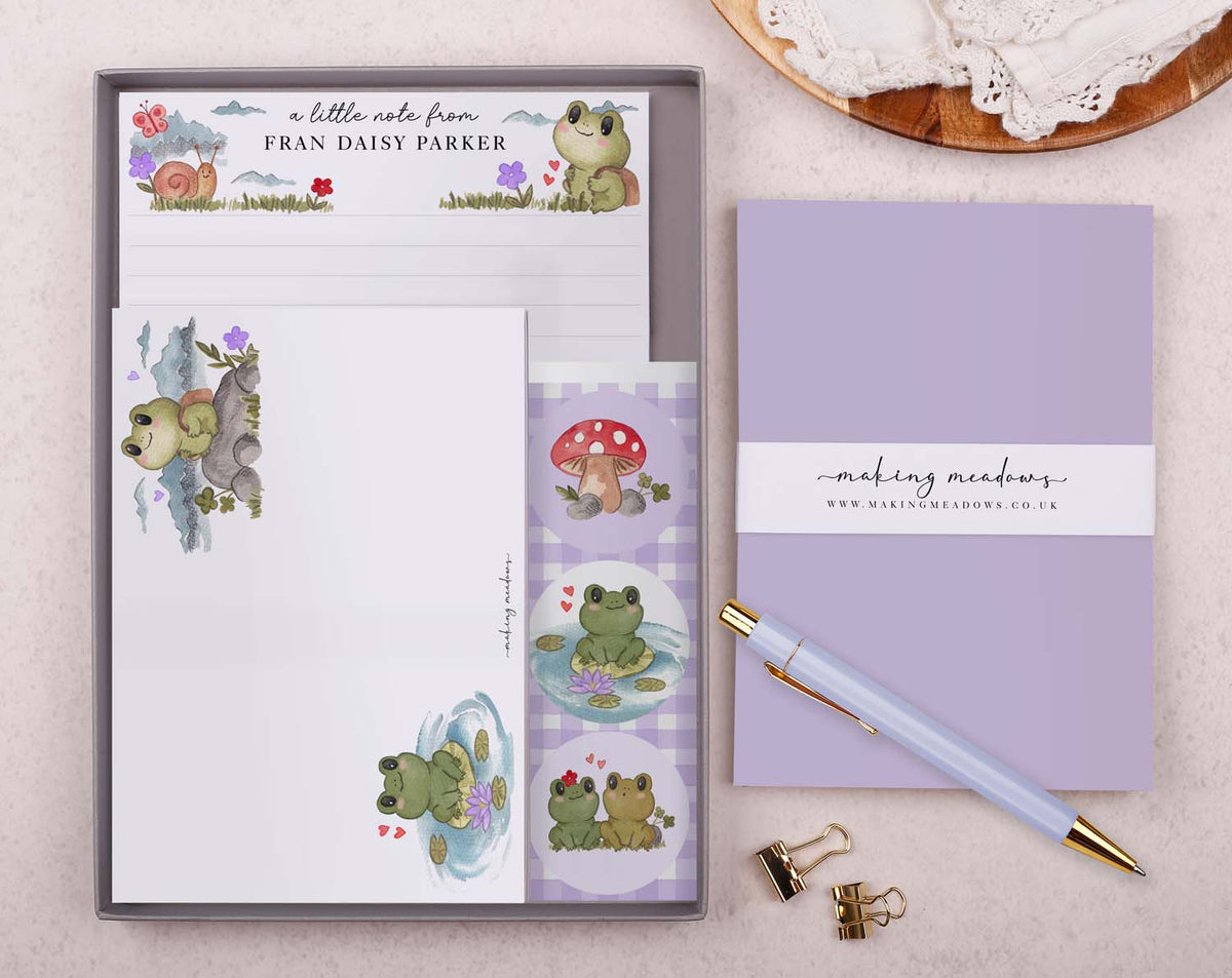 Personalised Children's Stationery Set with Frog Design, includes writing paper, envelopes, and a pen.