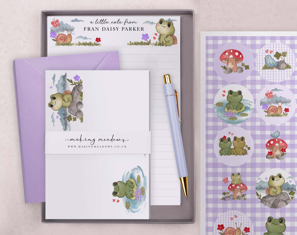 Personalised Children's Stationery Set featuring frog design, writing paper, envelopes, stickers, and luxury pen.