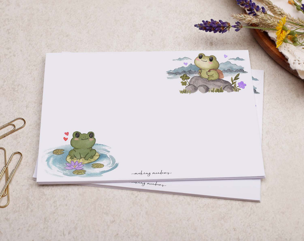 Personalised Children's Stationery Set featuring cute frog designs on A5 writing paper.