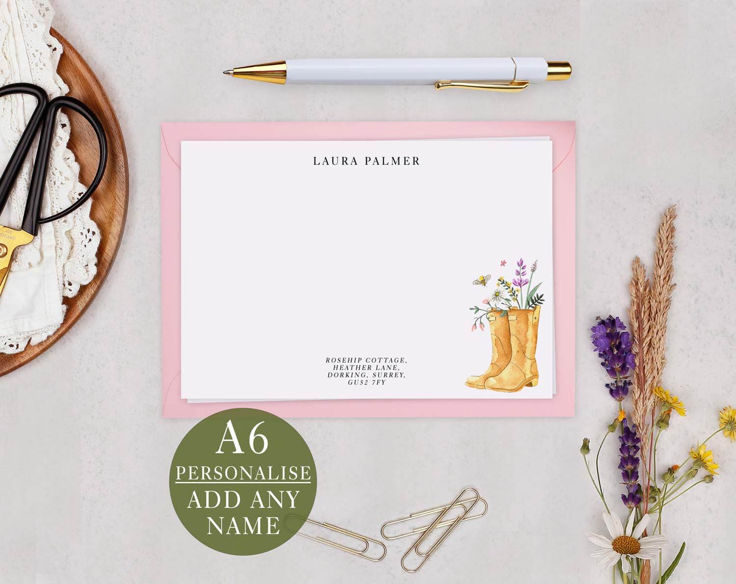 Gardening Personalised Note cards featuring whimsical illustrations of boots and flowers on a stylish notecard.