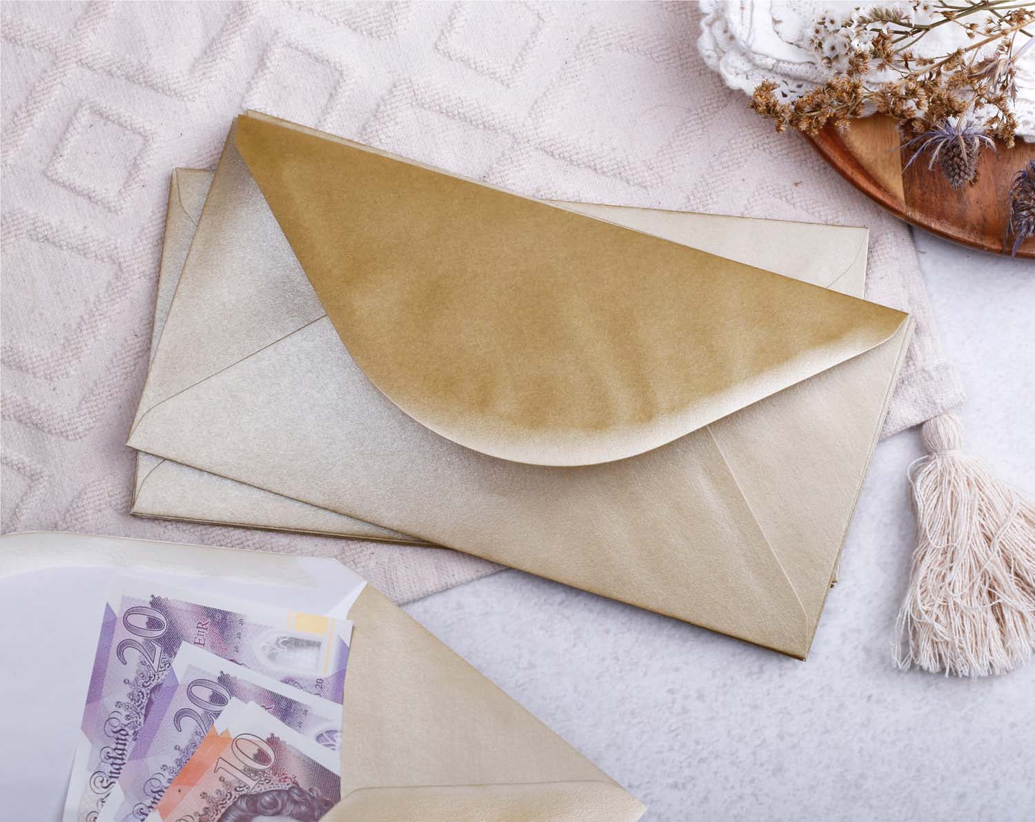 Gift For You Money Envelopes with hearts, gold DL envelopes for special money gifting.
