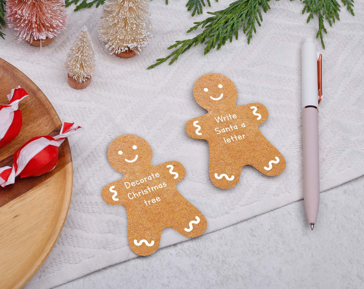 Gingerbread Activity Cards depicting fun activities like 'Decorate Christmas tree' and 'Write Santa a letter'.