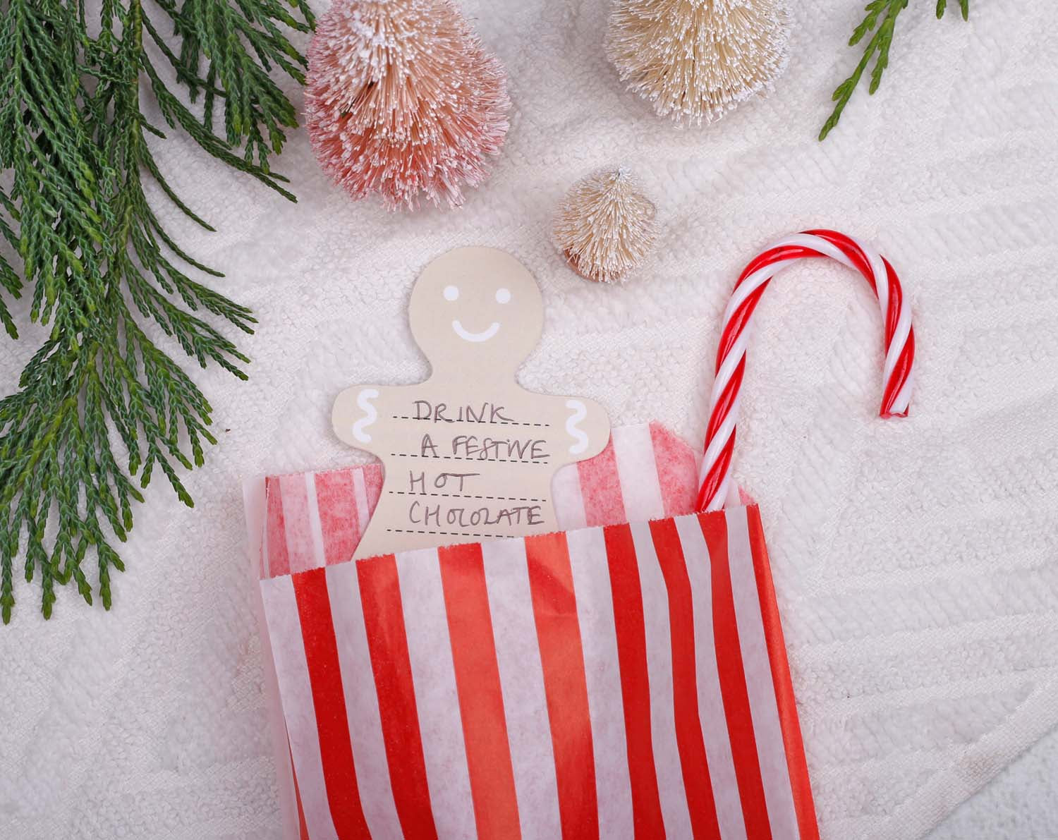 Gingerbread Fill Your Own Activity Cards displayed with festive decorations and a candy cane for cozy holiday activities.