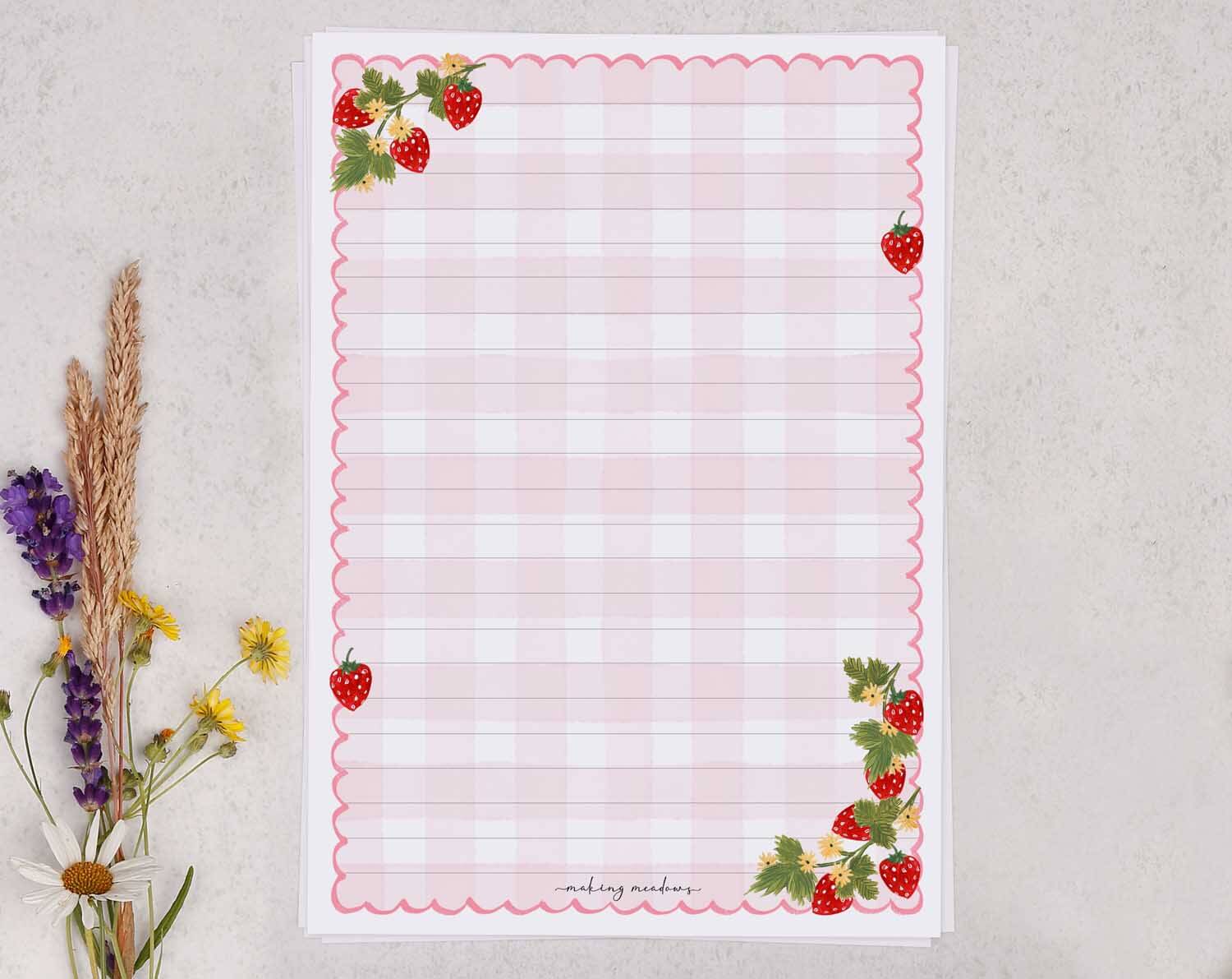 Gingham Strawberry A5 Writing Paper & Envelope Set. Stationery designed by Making Meadows
