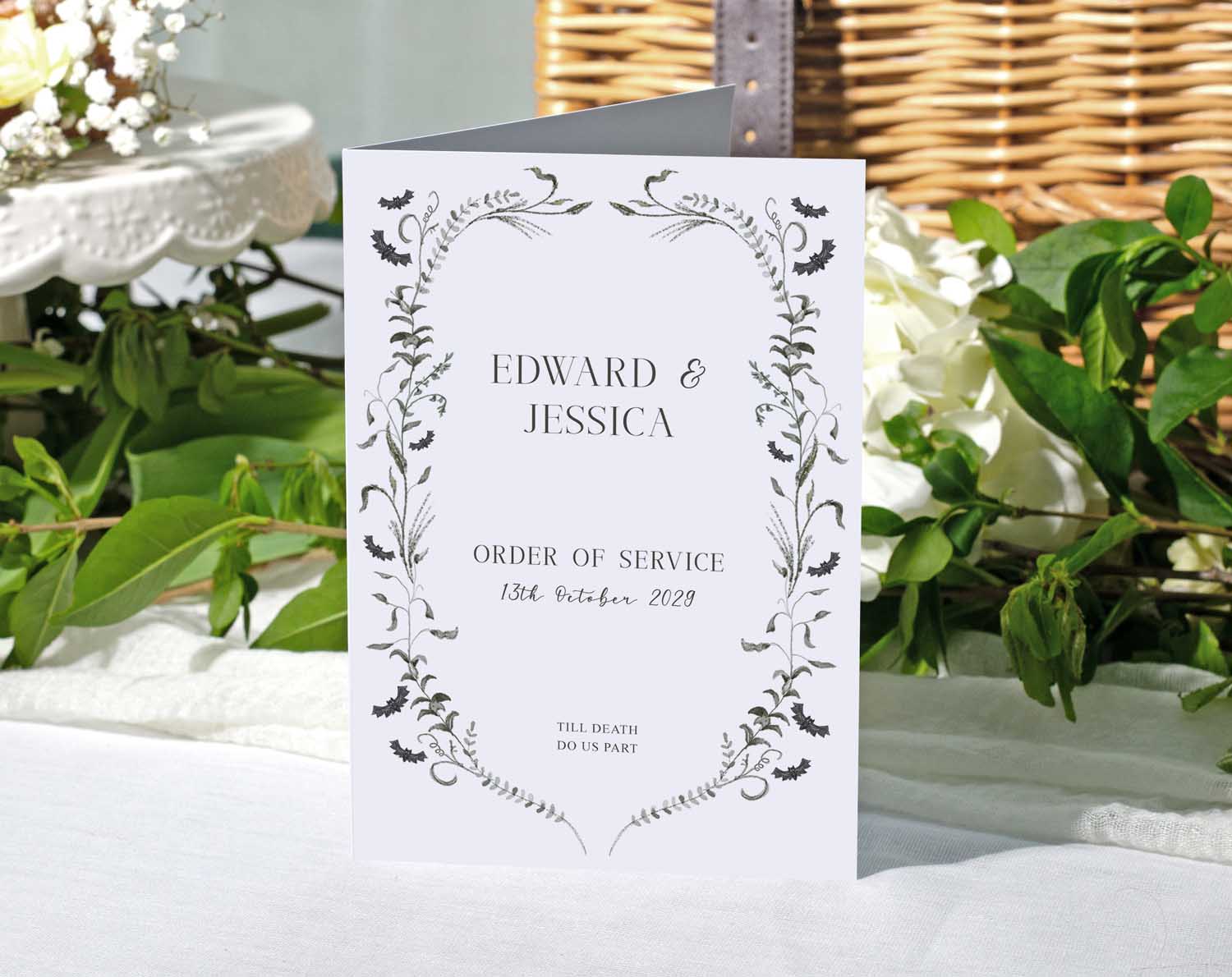 Gothic Order Of Service booklet for wedding ceremony featuring elegant bats, vines and personalised names.