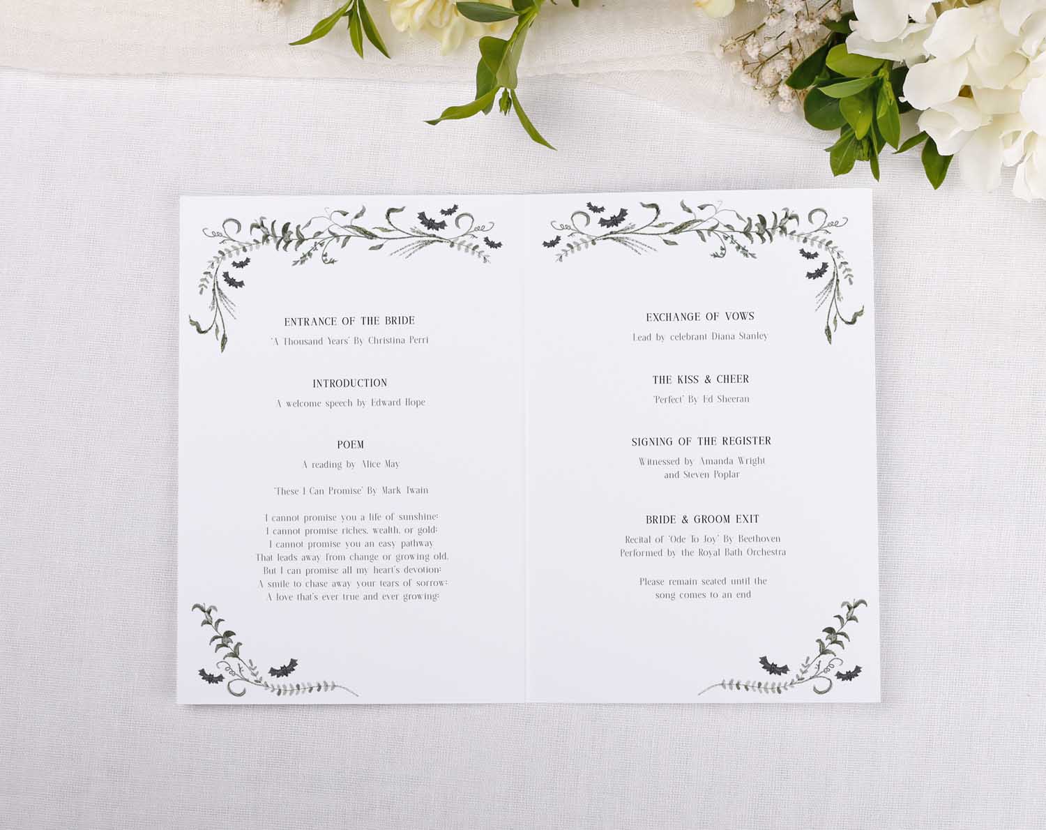 Gothic Order Of Service booklet for wedding ceremony with illustrated vines and botanicals for halloween wedding.