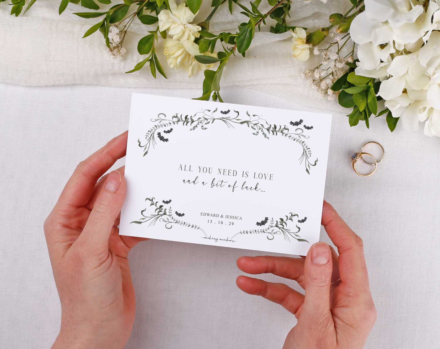 Gothic Scratch Card Envelopes with floral design for wedding favours, personalised with names and date.