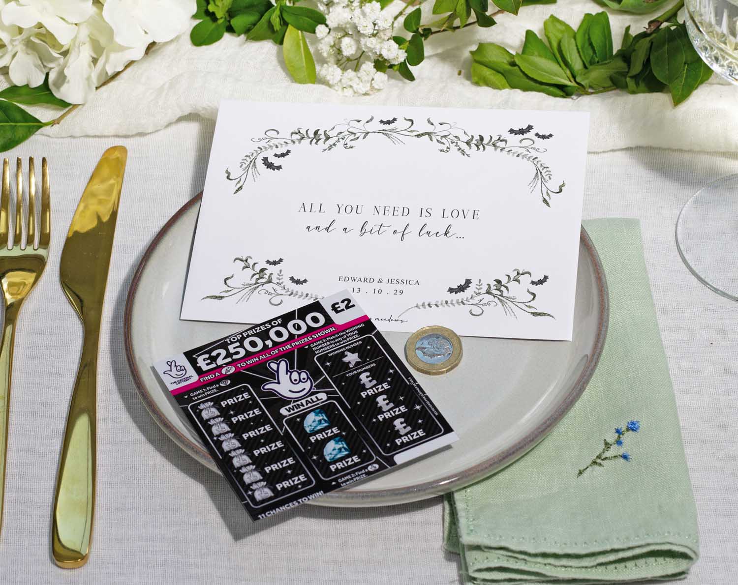 Gothic Scratch Card Envelopes displayed on a wedding table with floral decor and a personalized card.