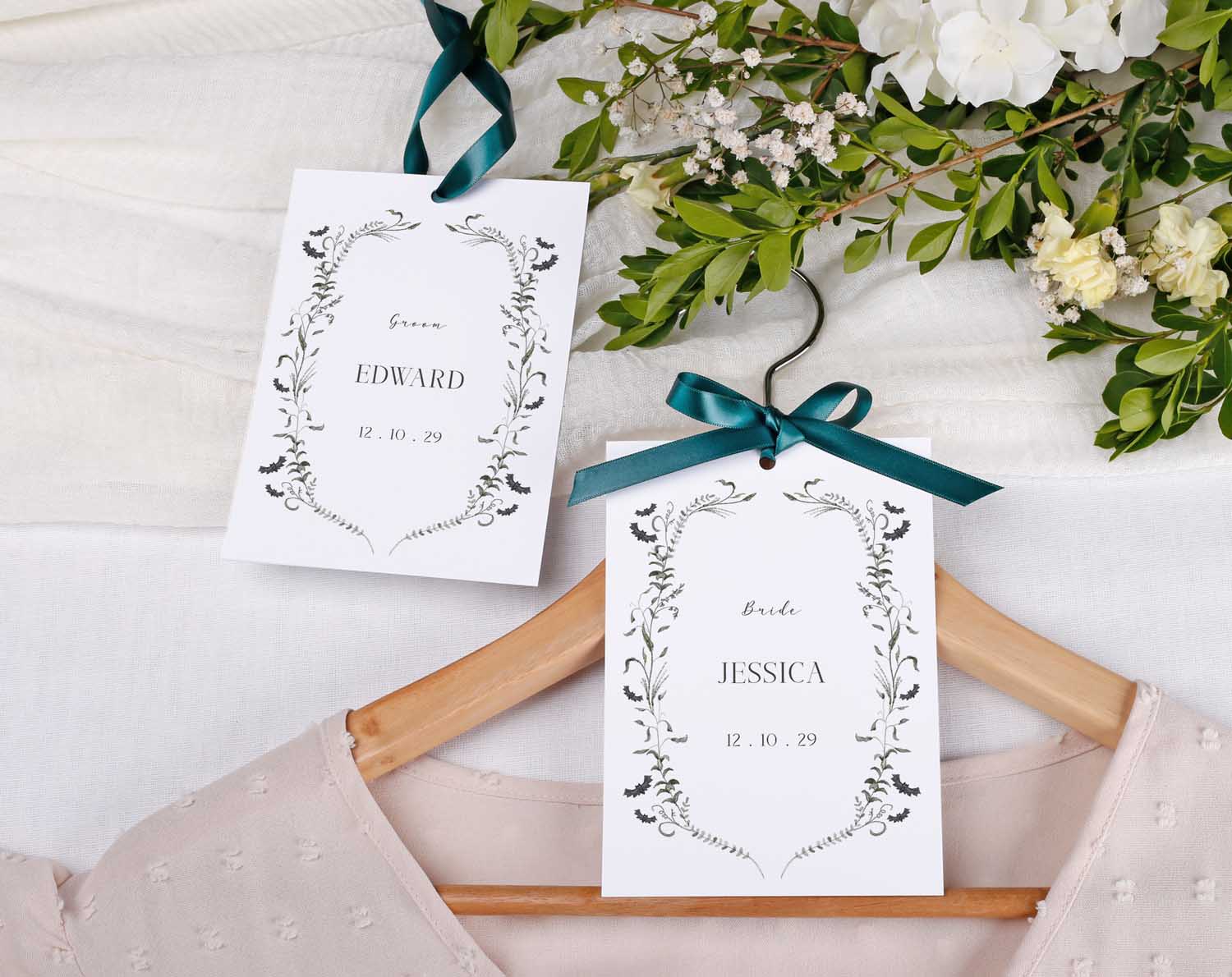 Gothic Wedding Hanger Tags featuring names Edward and Jessica with elegant floral designs for bridal party attire.