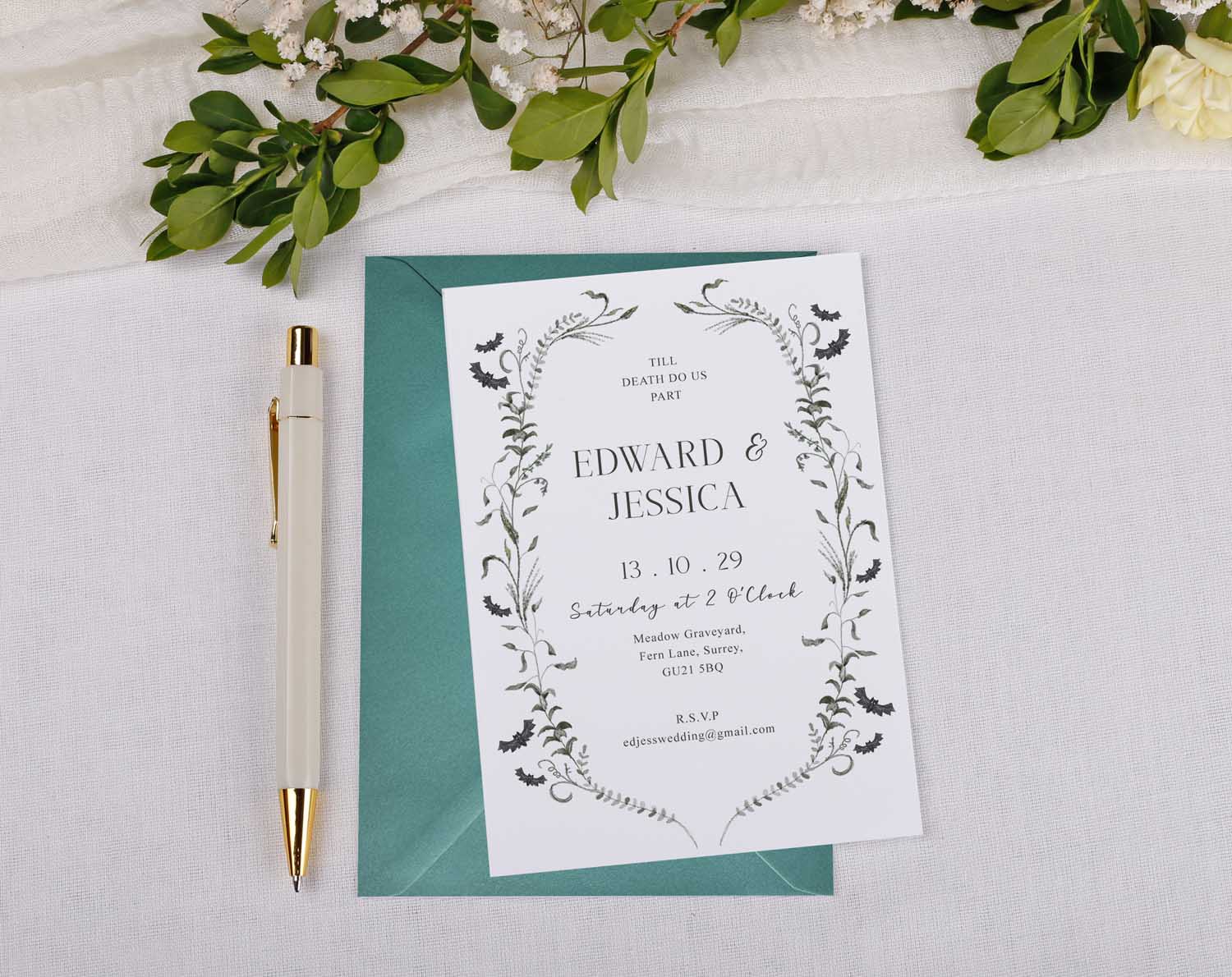 Gothic Wedding Invitations featuring elegant design, personalised with wedding details, adorned with bats and botanicals.