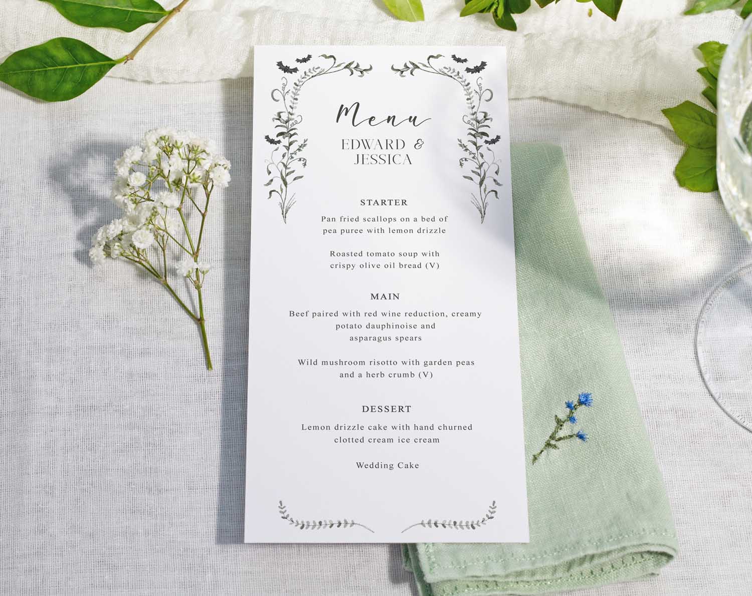 Gothic Wedding Menus for a romantic table setting featuring elegant flourishes and personalised details.