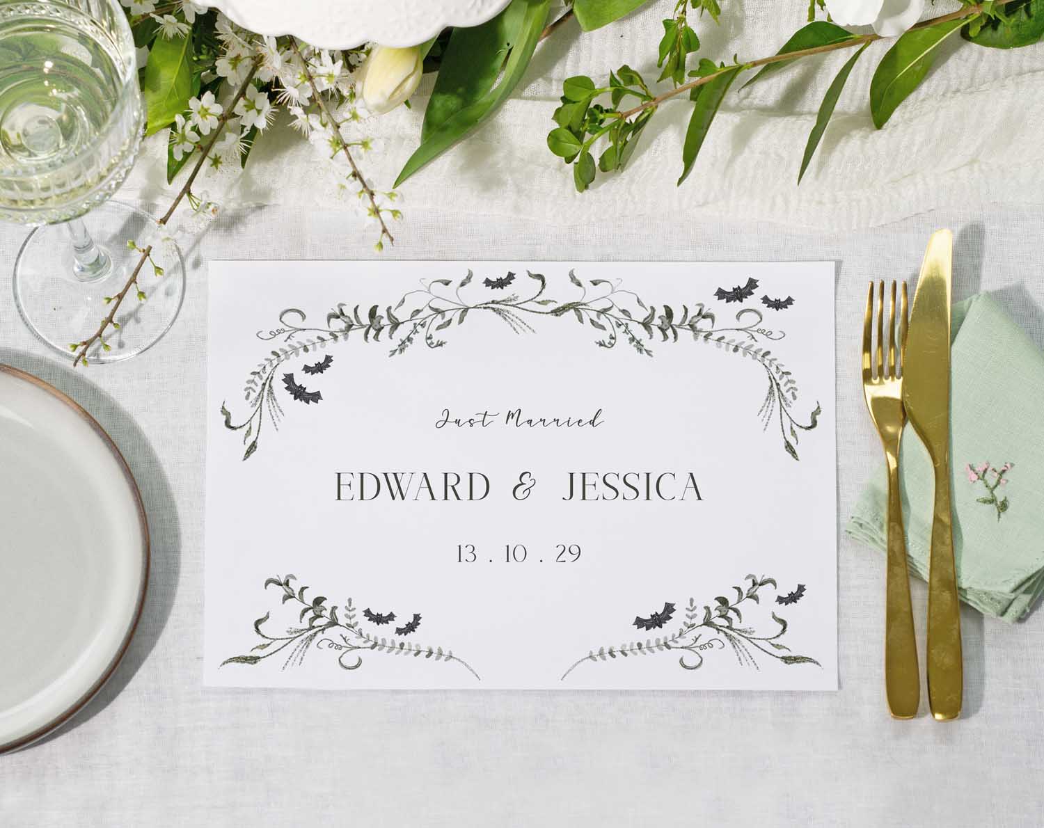 Elegant table setting featuring Gothic Wedding Placemats for alternative halloween wedding.