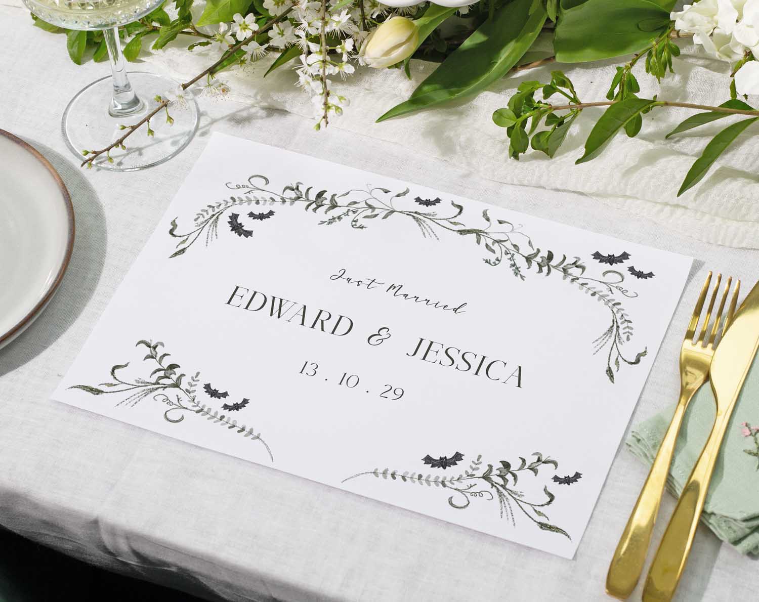 Gothic Wedding Placemats with elegant gothic design featuring names and date for a stylish wedding table setting.
