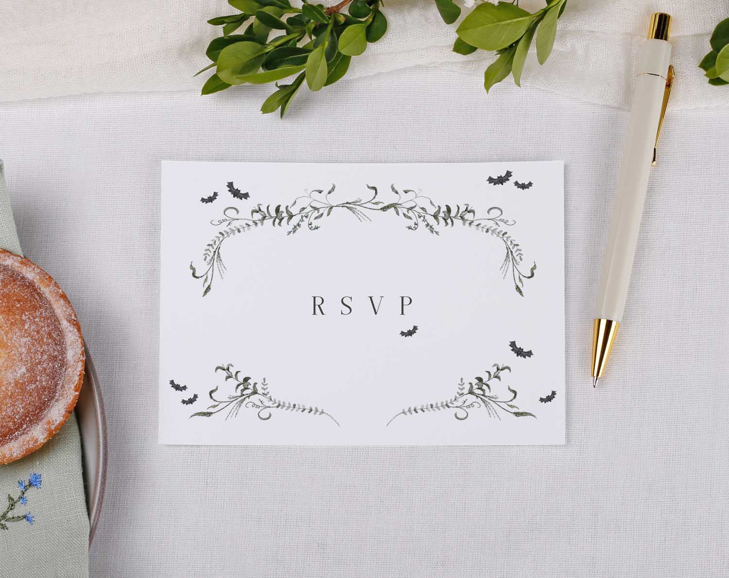 Gothic Wedding RSVP Cards featuring elegant design with bats and floral elements, perfect for stylish wedding stationery.
