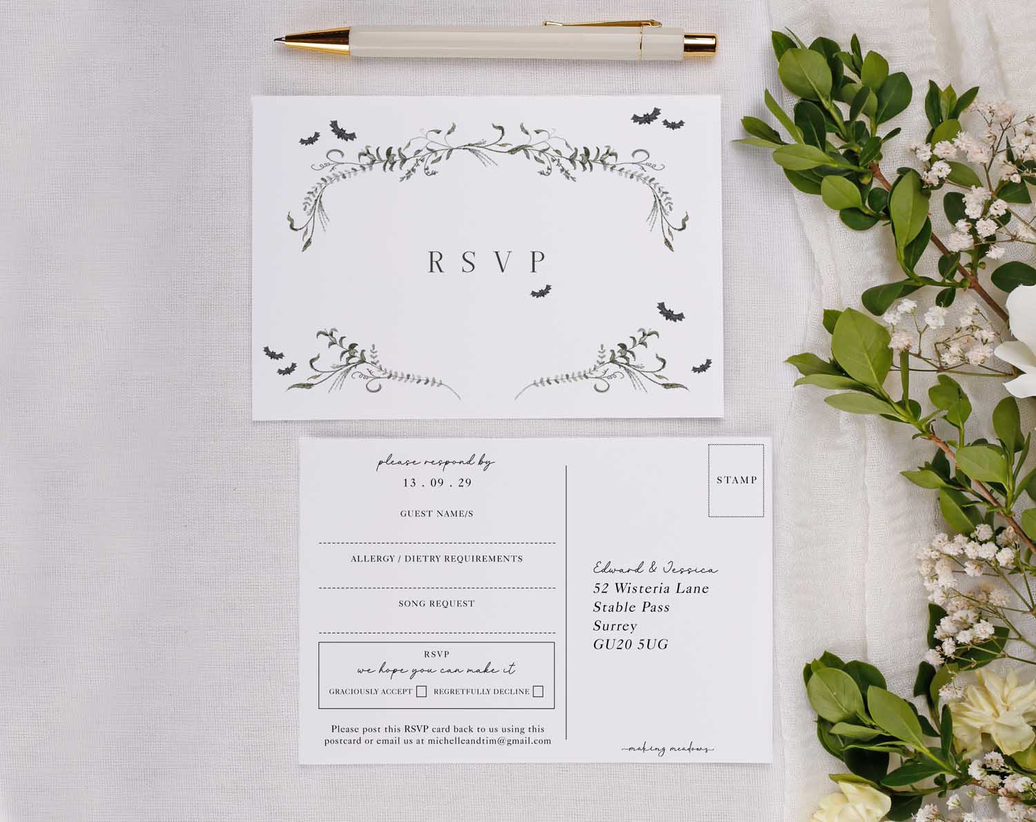 Gothic Wedding RSVP Cards with floral design and bats, creating a perfect finishing touch for elegant invitations.