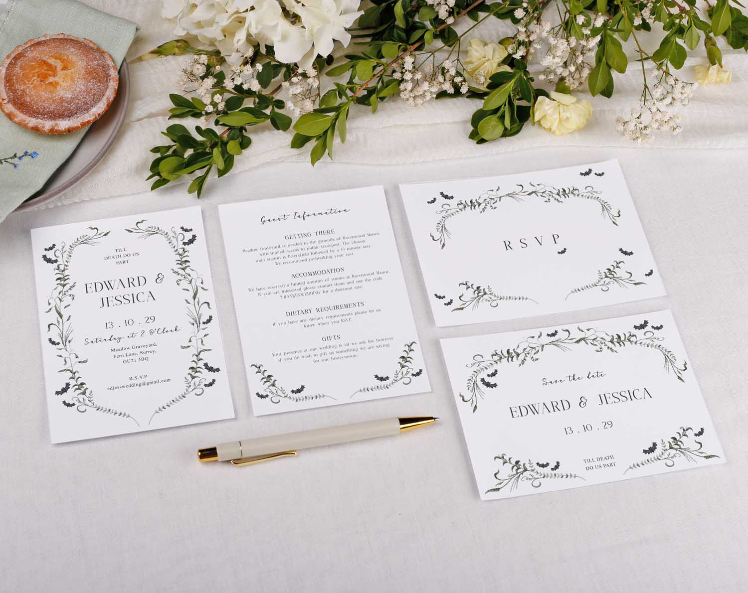 Gothic Wedding RSVP Cards displayed with invitation suite, floral design, and elegant layout.