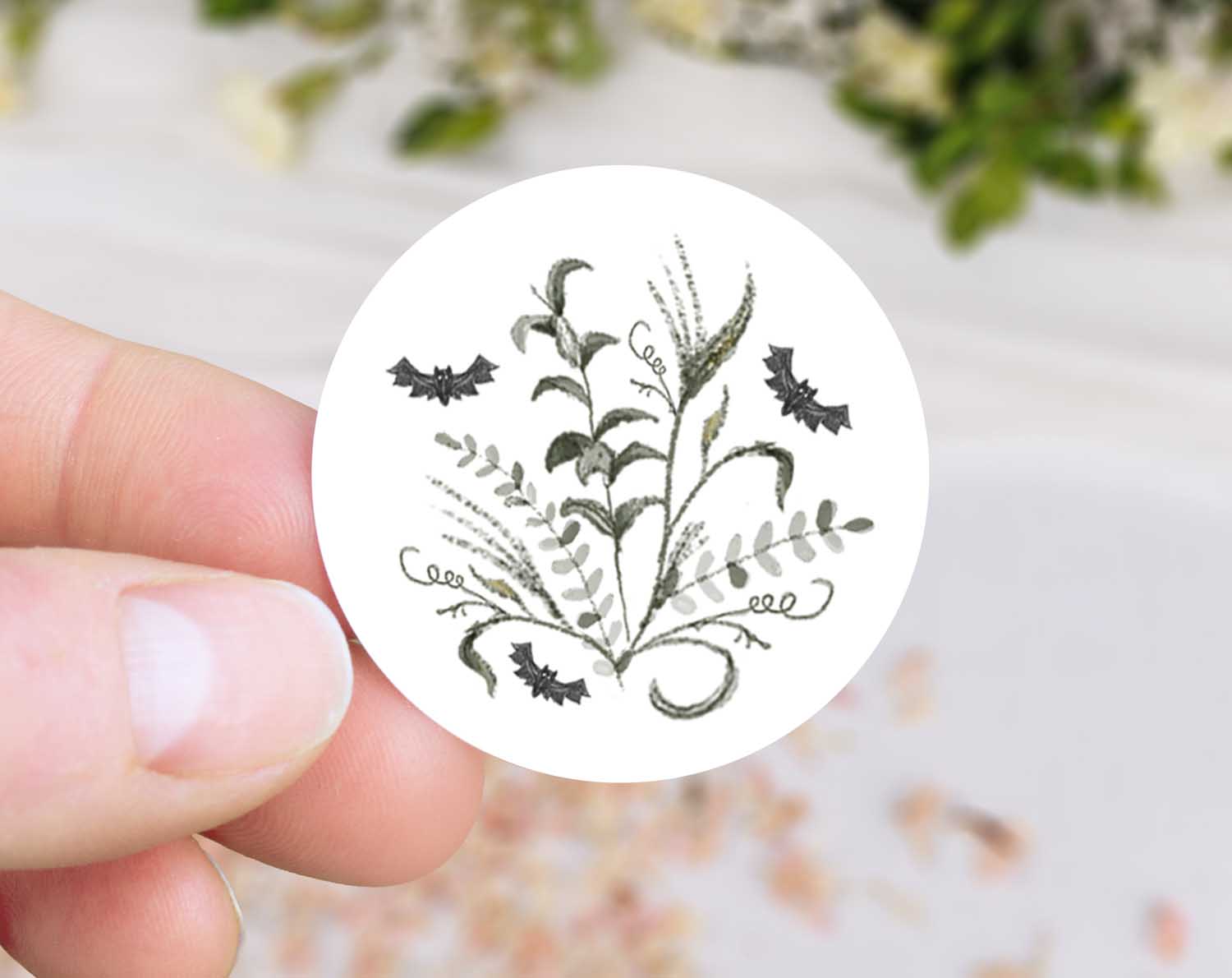 Gothic Wedding Stickers featuring illustrated vines and bats for elegant envelope seals.