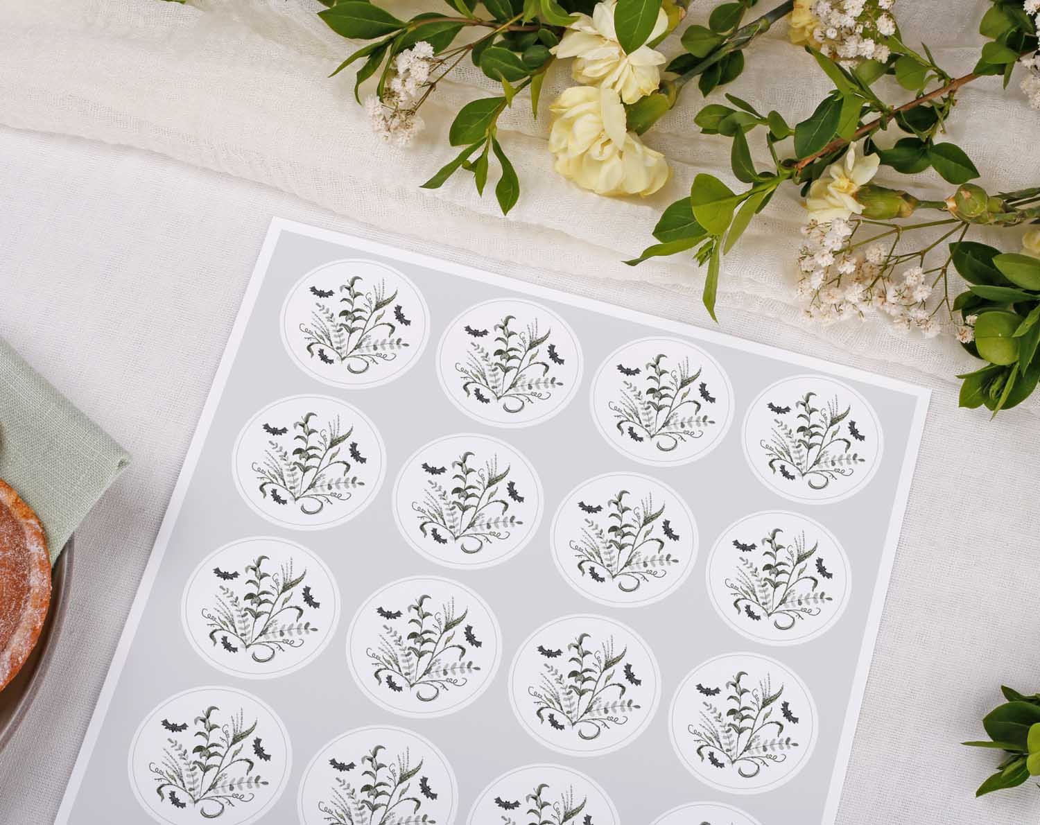 Gothic Wedding Stickers printed on a sheet with delicate vines and bats, perfect for envelope seals.