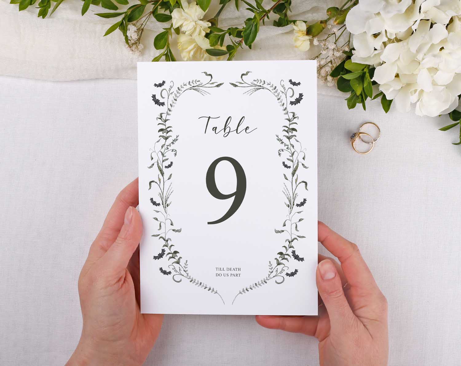 Gothic Wedding Table Numbers featuring delicate vines and bats with a table number 9, perfect for moody wedding themes.