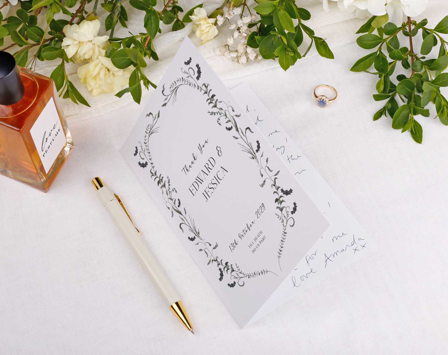 Gothic Wedding Thank You Cards featuring elegant floral design and personalized message from Edward and Jessica.