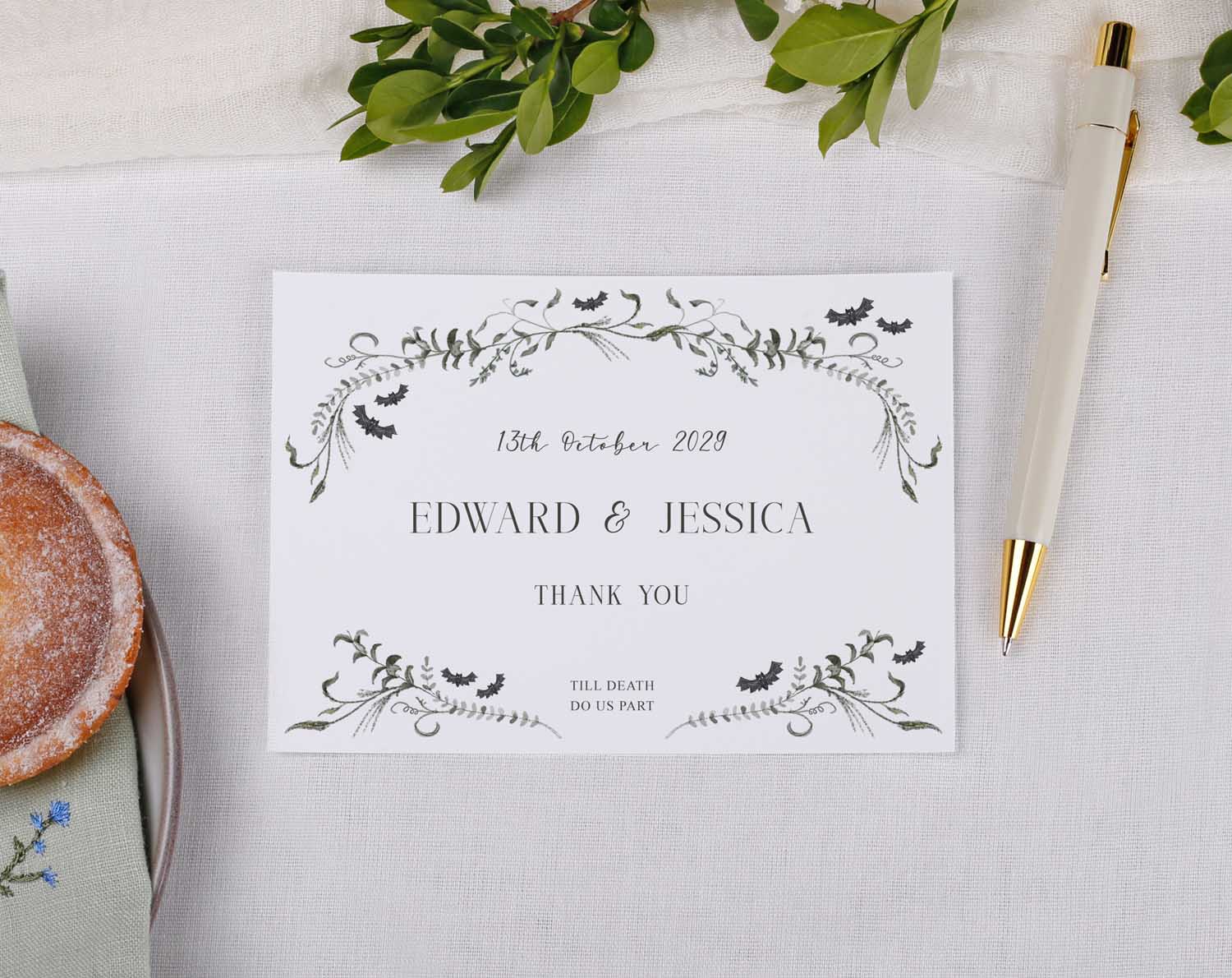 Gothic Wedding Thank You Postcards featuring elegant floral design and personalized names Edward & Jessica.