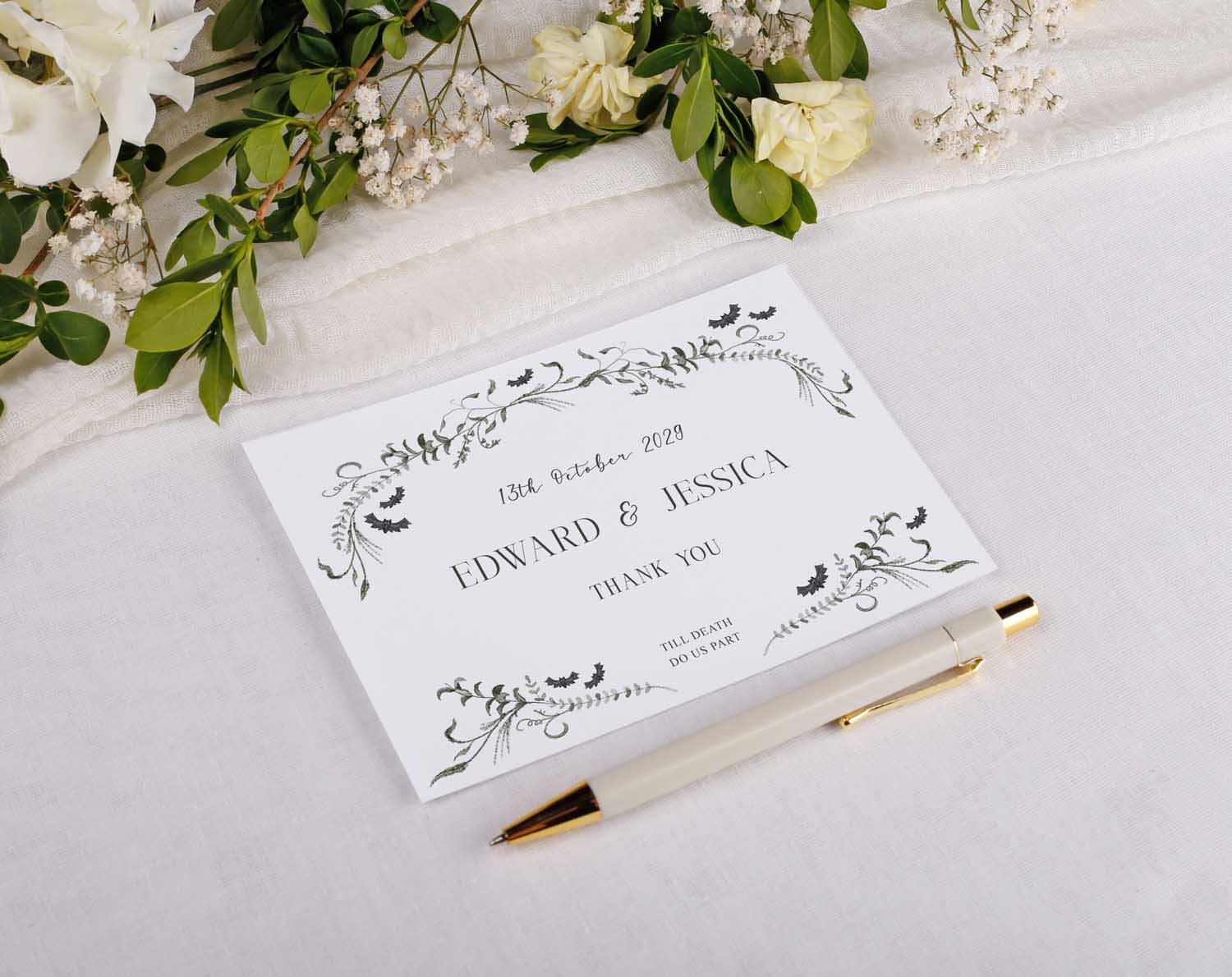 Gothic Wedding Thank You Postcards featuring floral design and elegant text for Edward and Jessica.