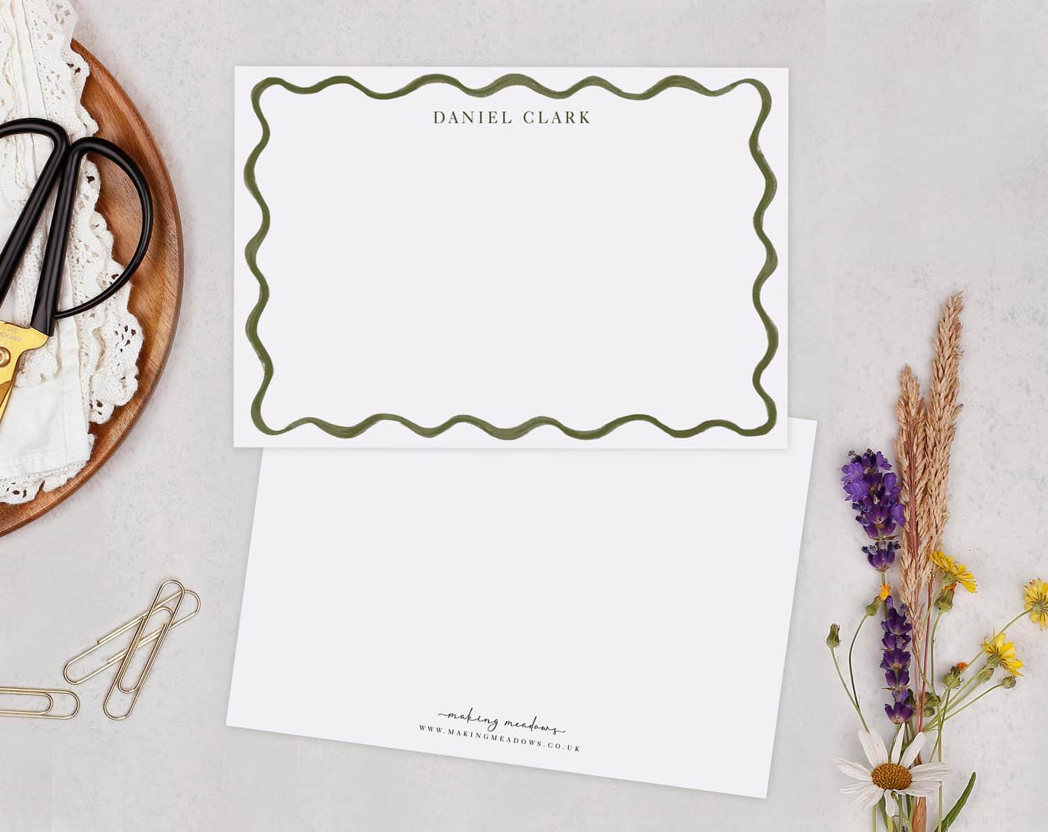 Green Wavy Personalised Note cards featuring a stylish flowing wave border design in fresh green tones.