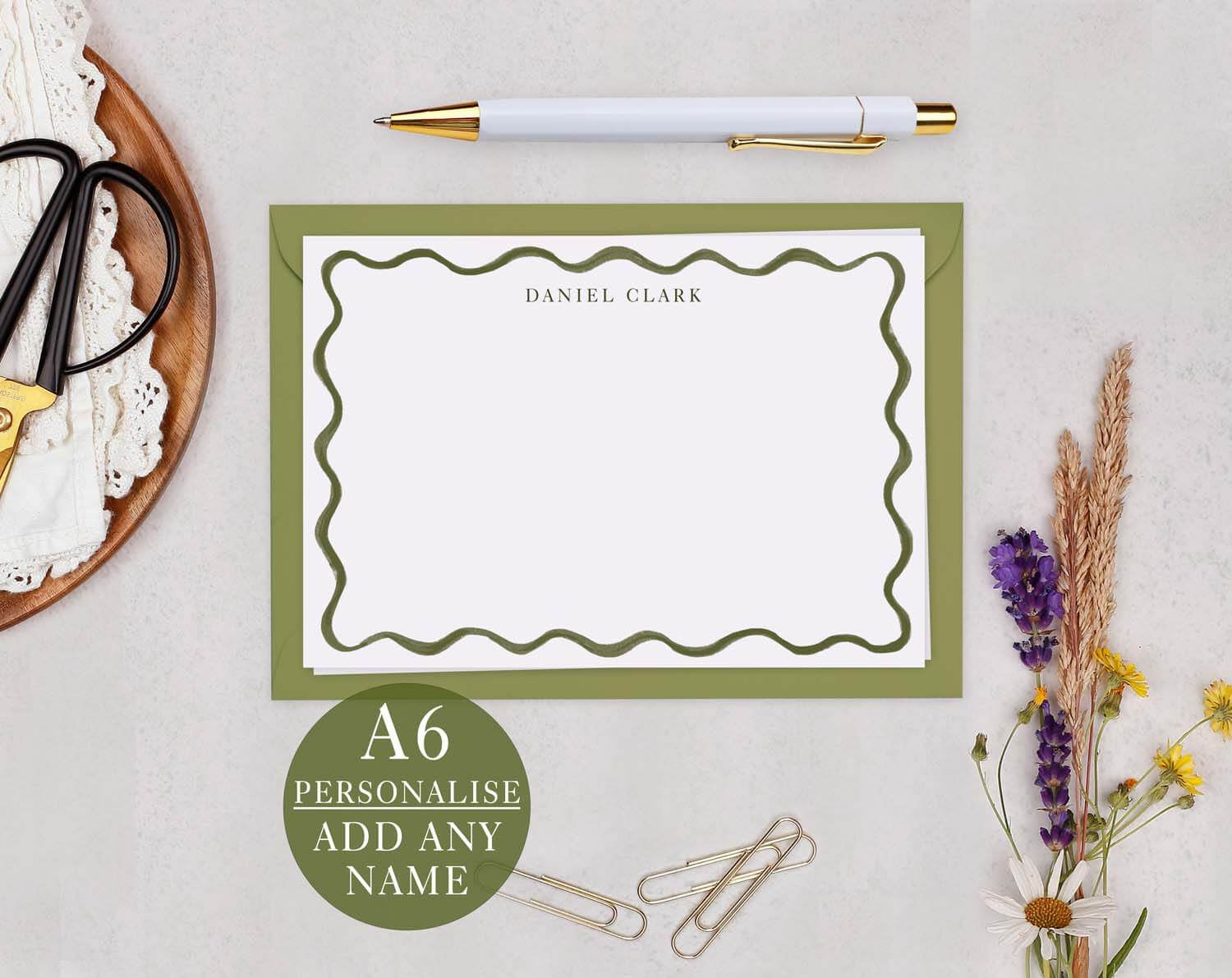 Green Wavy Personalised Note cards with stylish wave border and customizable name 'Daniel Clark'