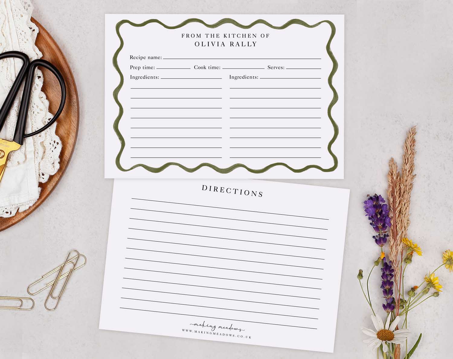 Green Wavy Recipe Cards featuring recipe, cooking time, and ingredient sections in a stylish design.