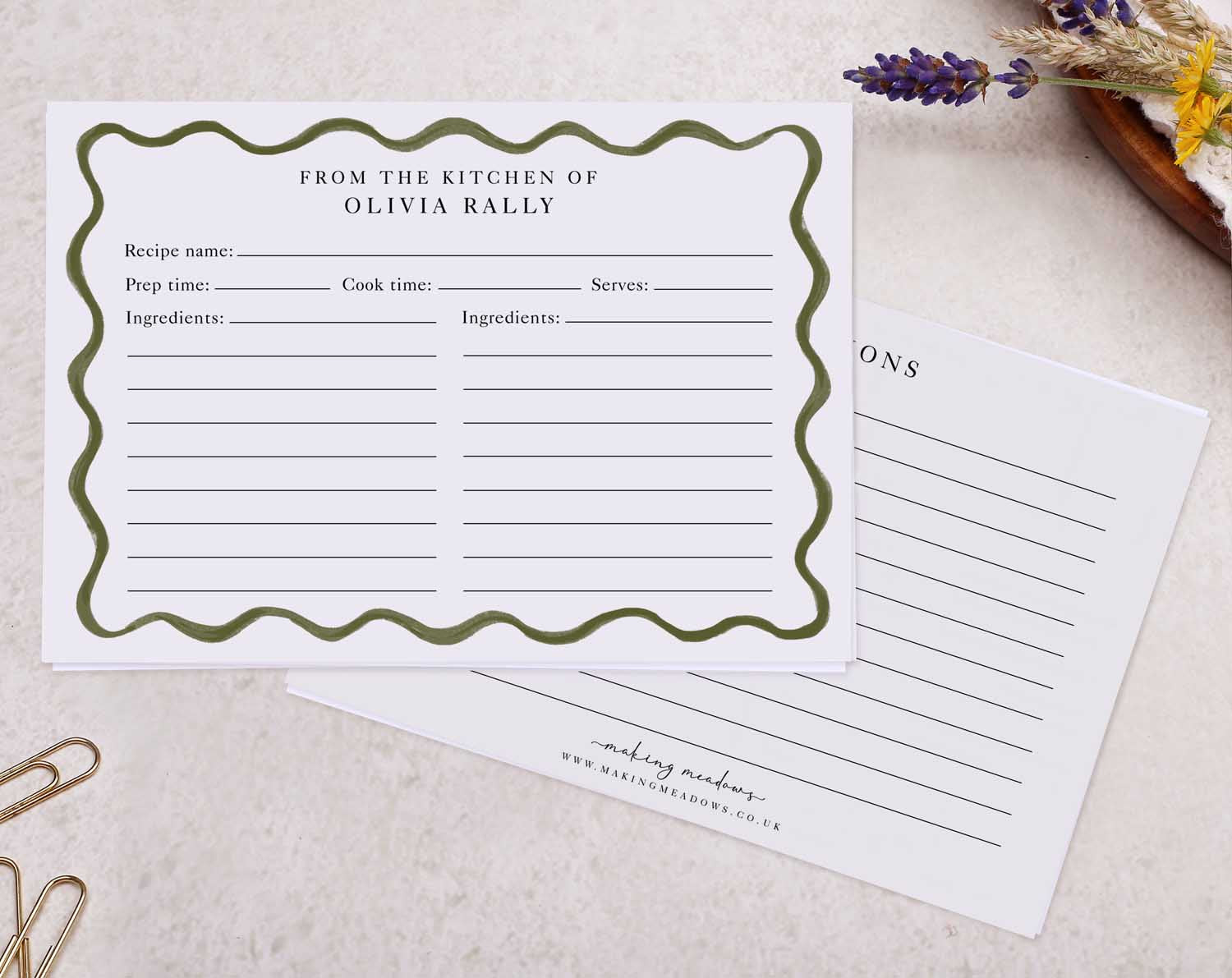 Green Wavy Recipe Cards featuring spaces for recipe details and a cheerful design from the kitchen of Olivia Rally.