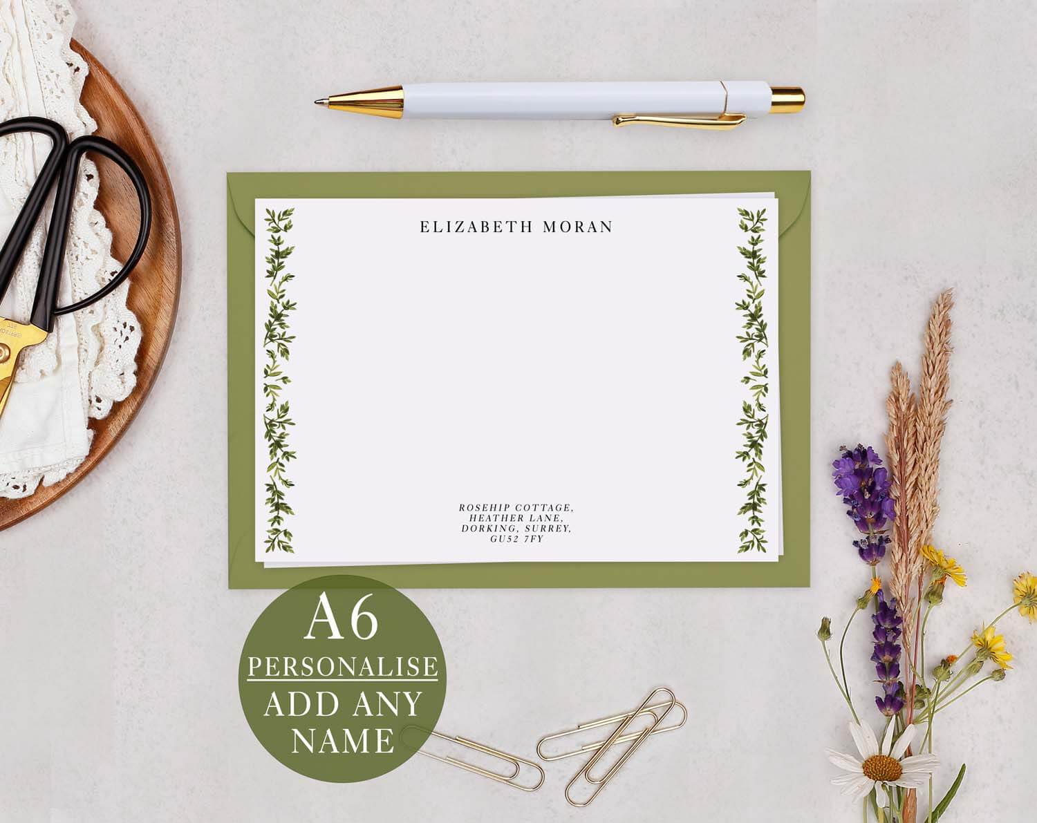 Greenery Personalised Note cards featuring lush leafy design, perfect for elegant correspondence.